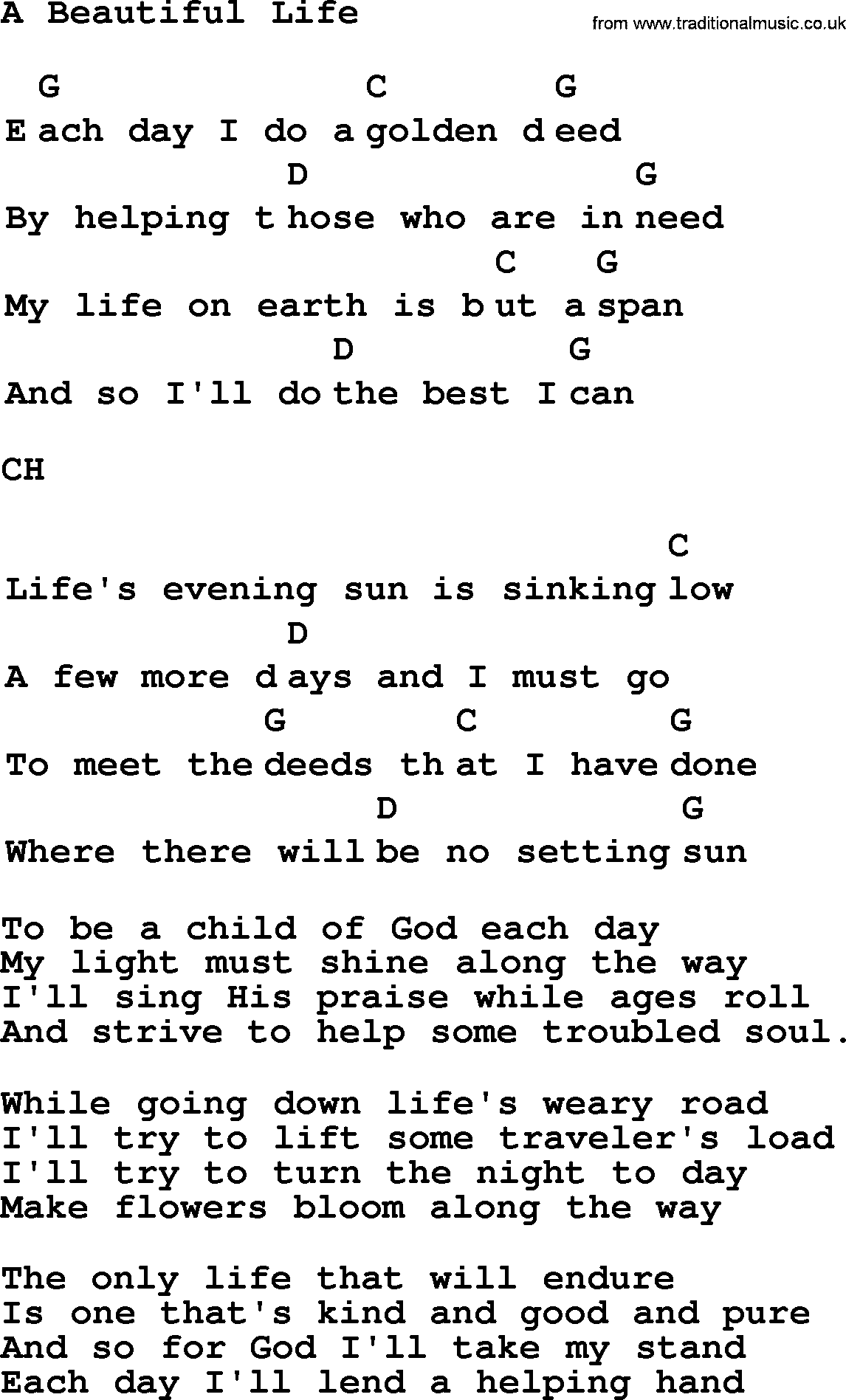 Top 1000 Most Popular Folk and Old-time Songs: A Beautiful Life, lyrics and chords