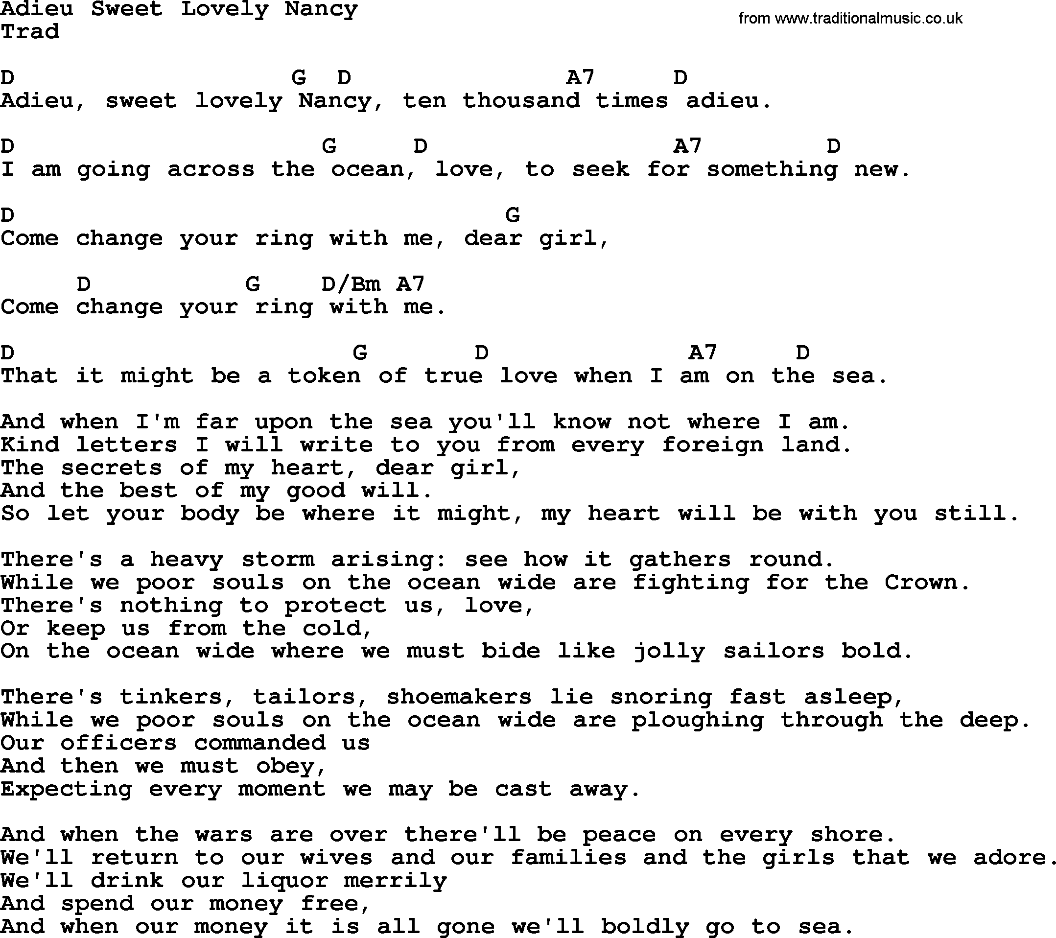 Top 1000 Most Popular Folk and Old-time Songs: Adieu Sweet Lovely Nancy, lyrics and chords