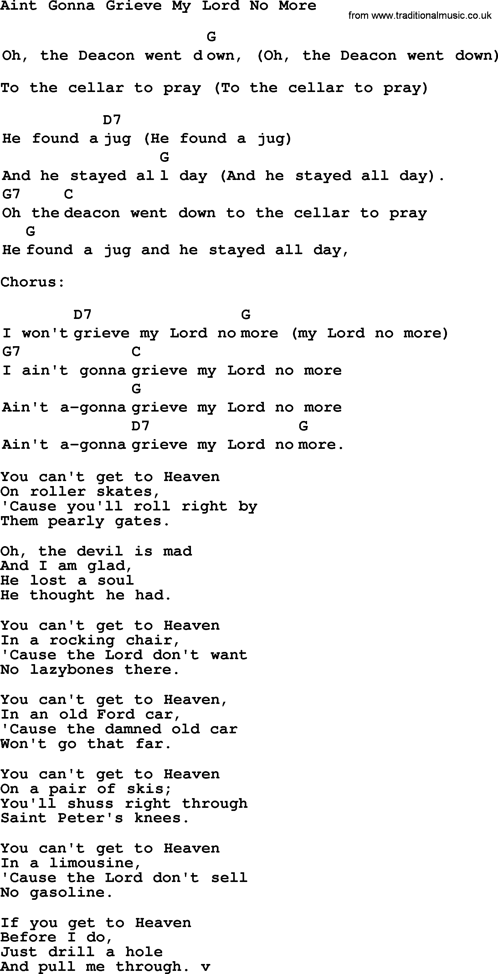 Top 1000 Most Popular Folk and Old-time Songs: Aint Gonna Grieve My Lord No More, lyrics and chords