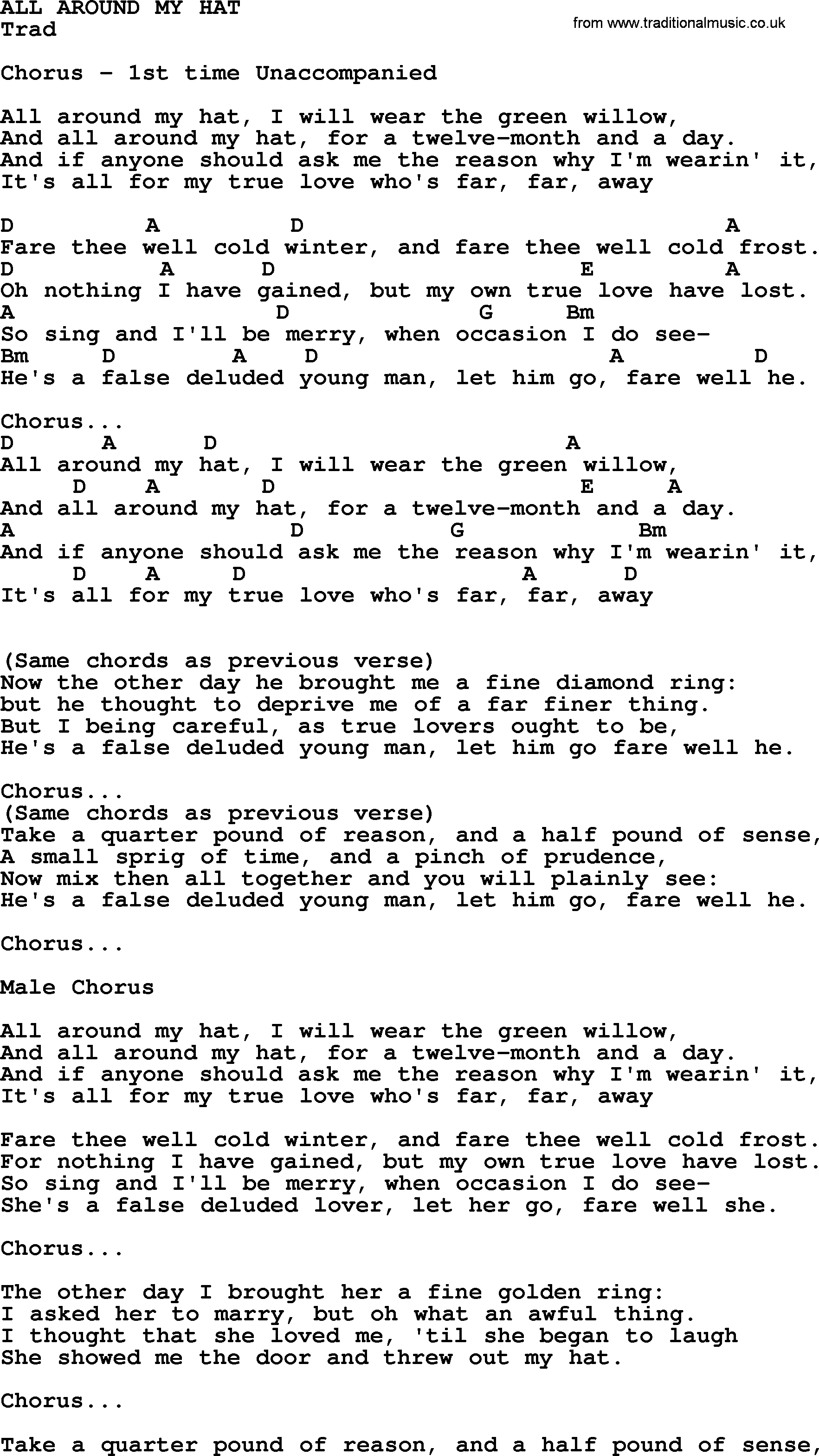 Top 1000 Most Popular Folk and Old-time Songs: All Around My Hat, lyrics and chords