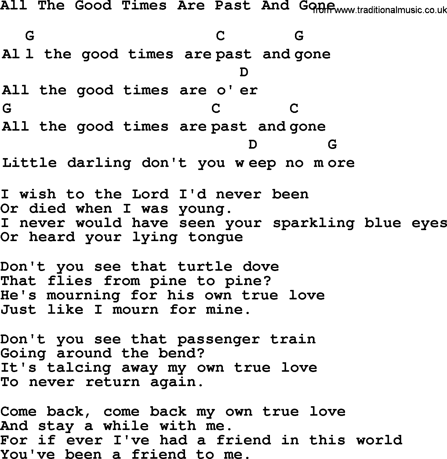 Top 1000 Most Popular Folk and Old-time Songs: All The Good Times Are Past And Gone, lyrics and chords