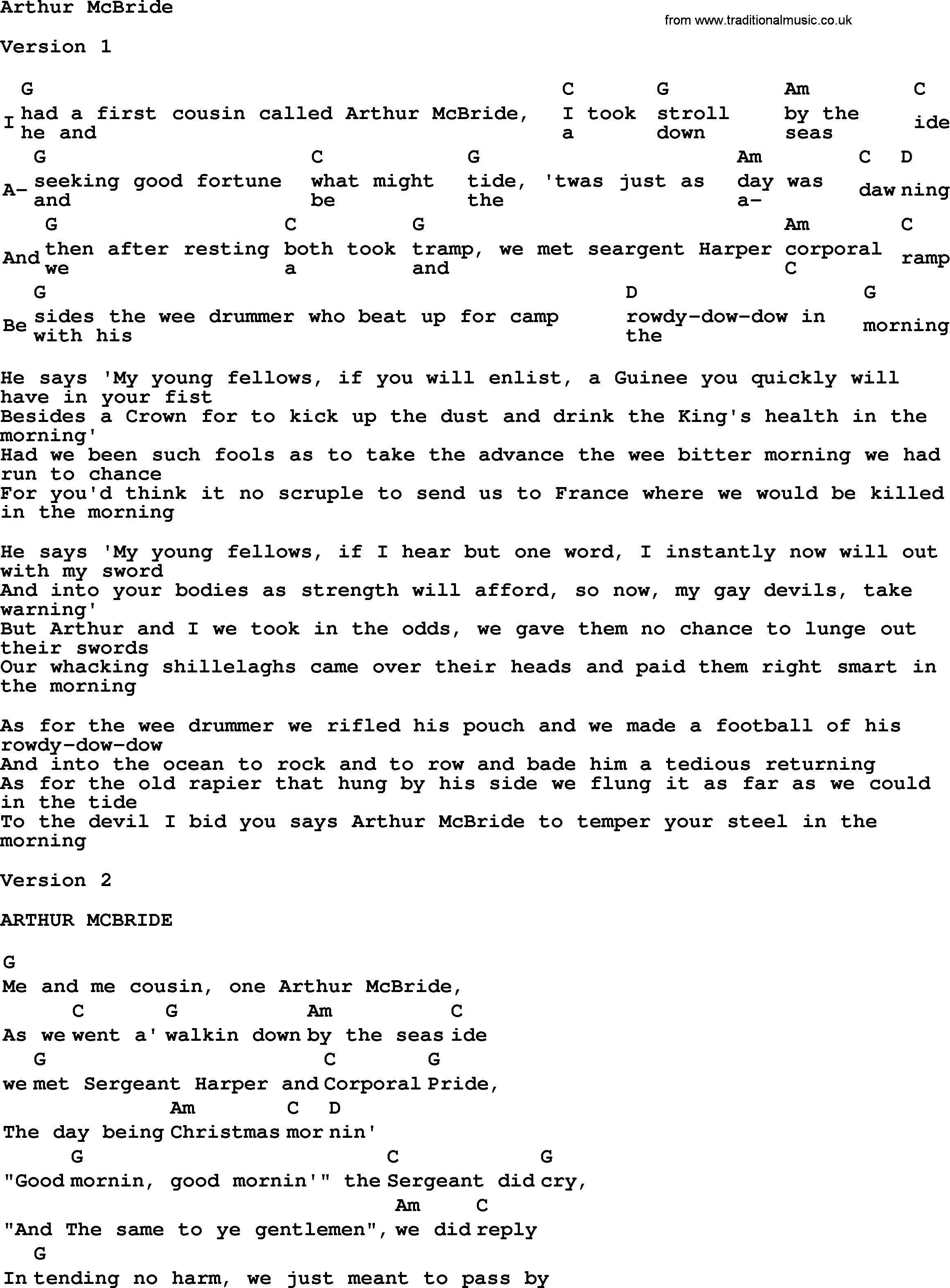 Top 1000 Most Popular Folk and Old-time Songs: Arthur McBride, lyrics and chords