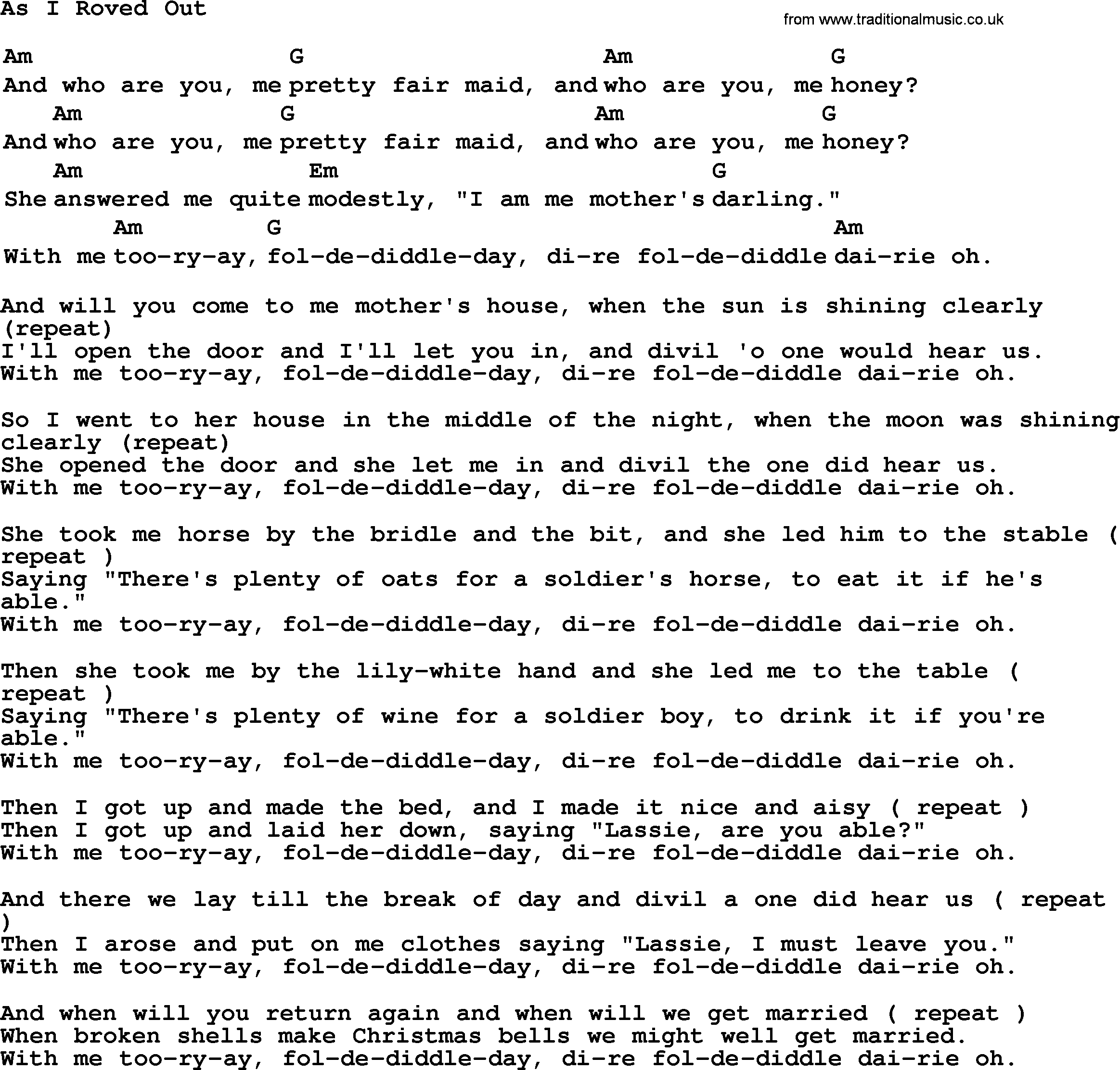 Top 1000 Most Popular Folk and Old-time Songs: As I Roved Out, lyrics and chords