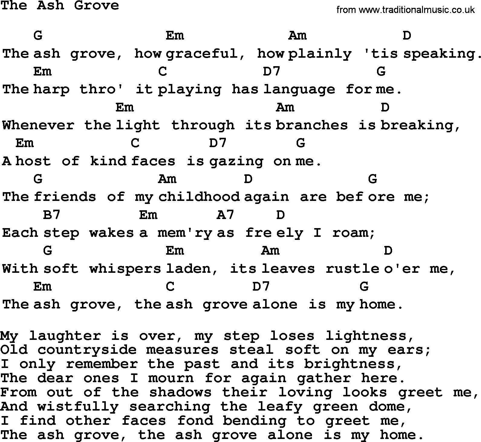 Top 1000 Most Popular Folk and Old-time Songs: Ash Grove, lyrics and chords