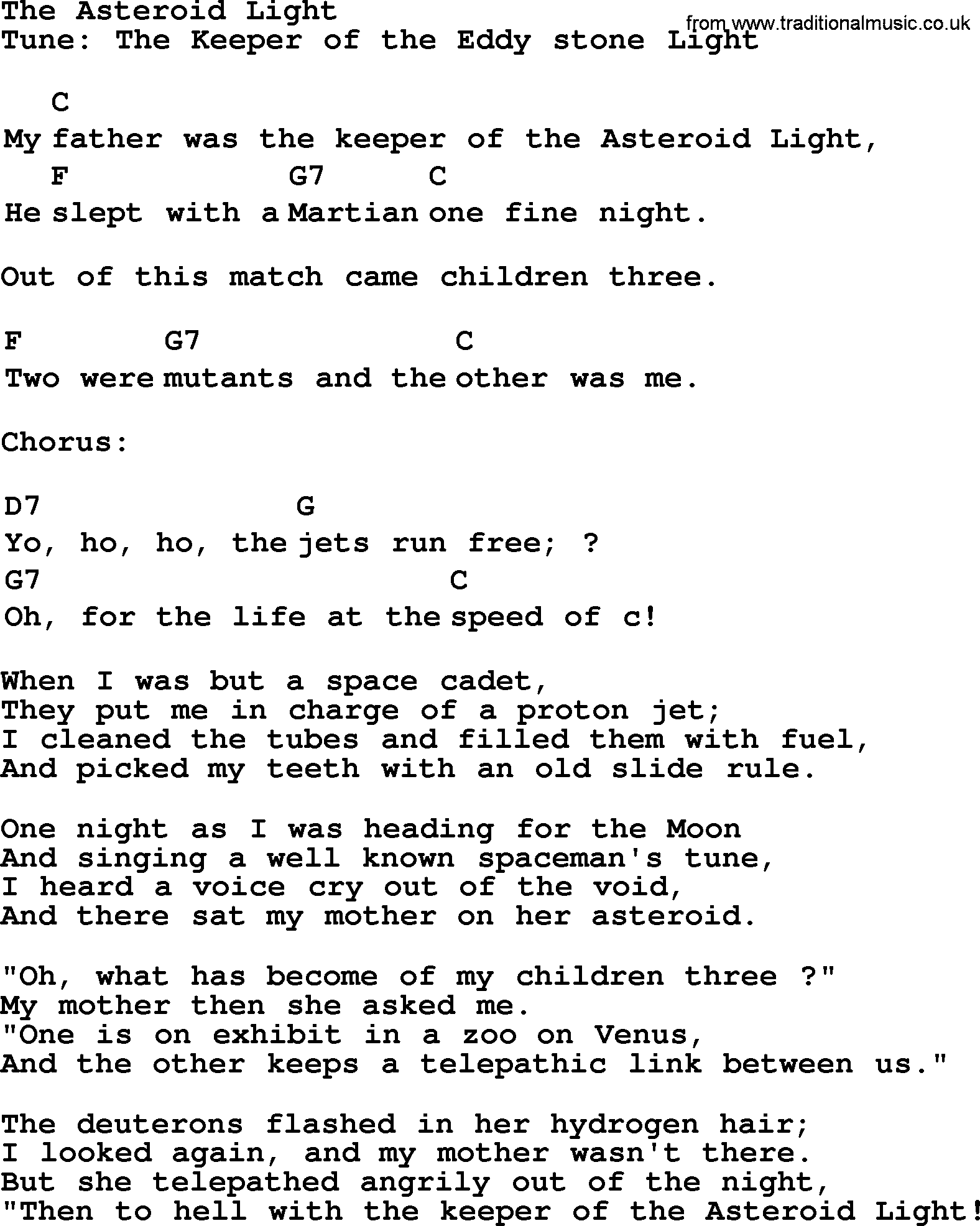 Top 1000 Most Popular Folk and Old-time Songs: Asteroid Light, lyrics and chords
