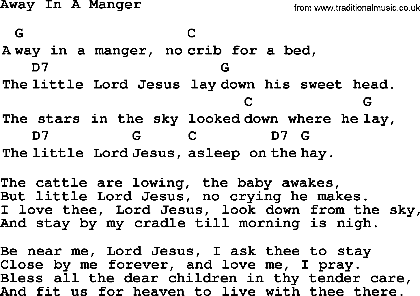 Top 1000 Most Popular Folk and Old-time Songs: Away In A Manger, lyrics and chords