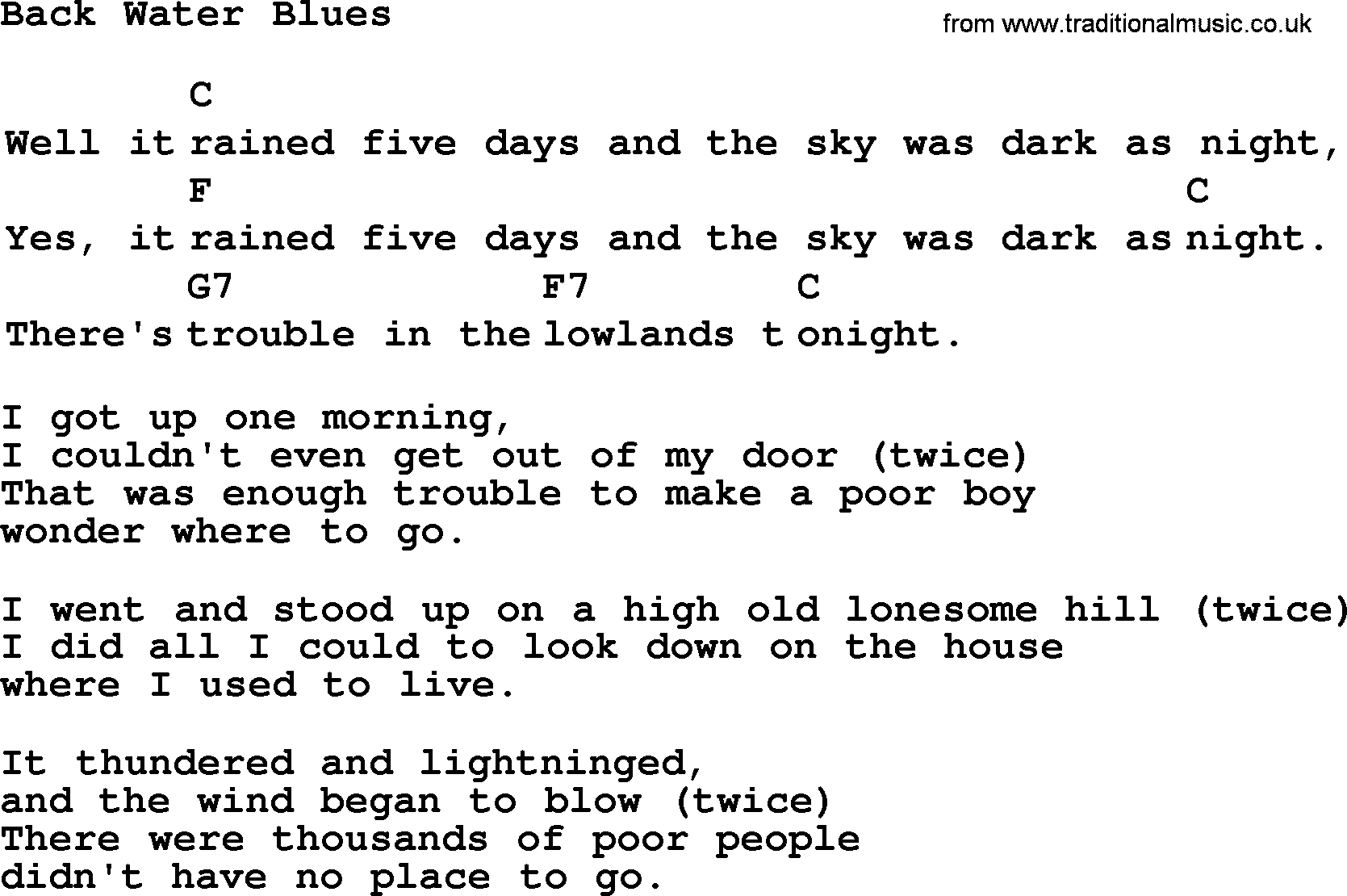 Top 1000 Most Popular Folk and Old-time Songs: Back Water Blues, lyrics and chords