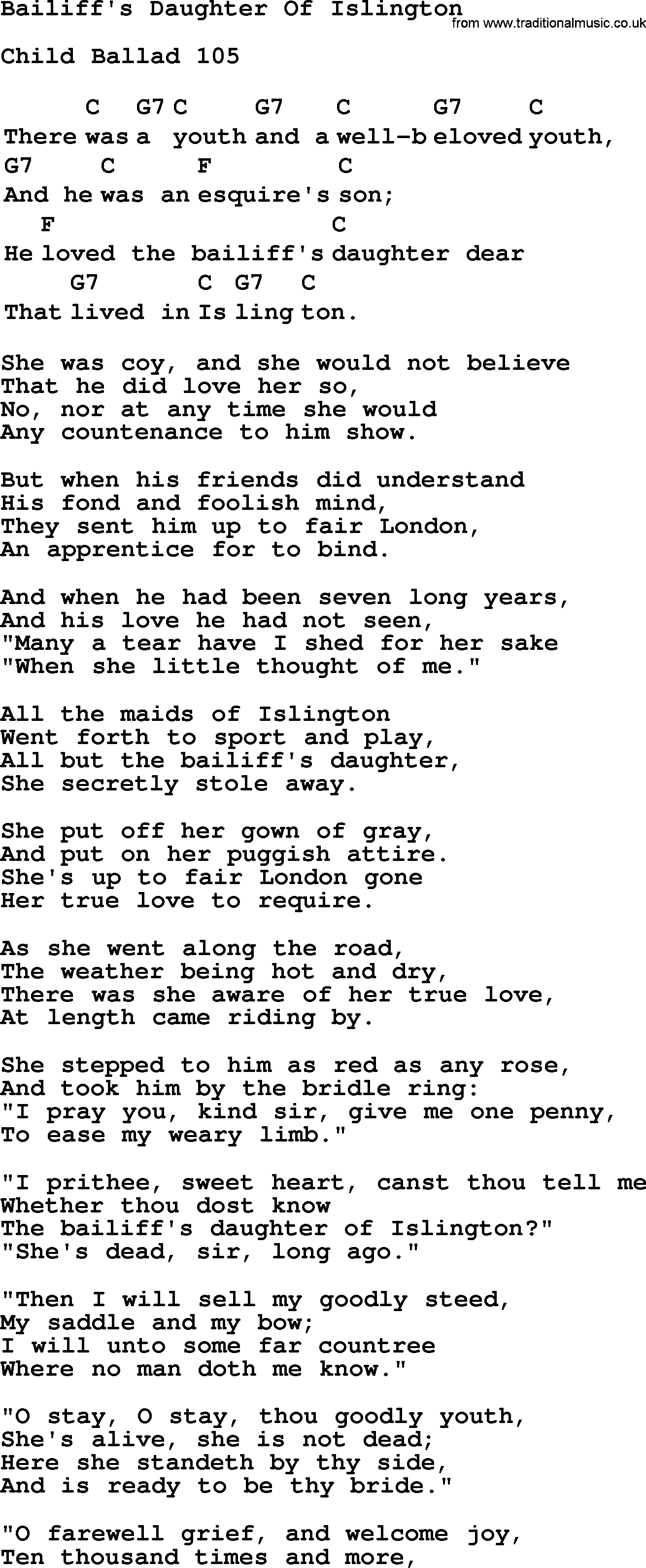 Top 1000 Most Popular Folk and Old-time Songs: Bailiffs Daughter Of Islington, lyrics and chords