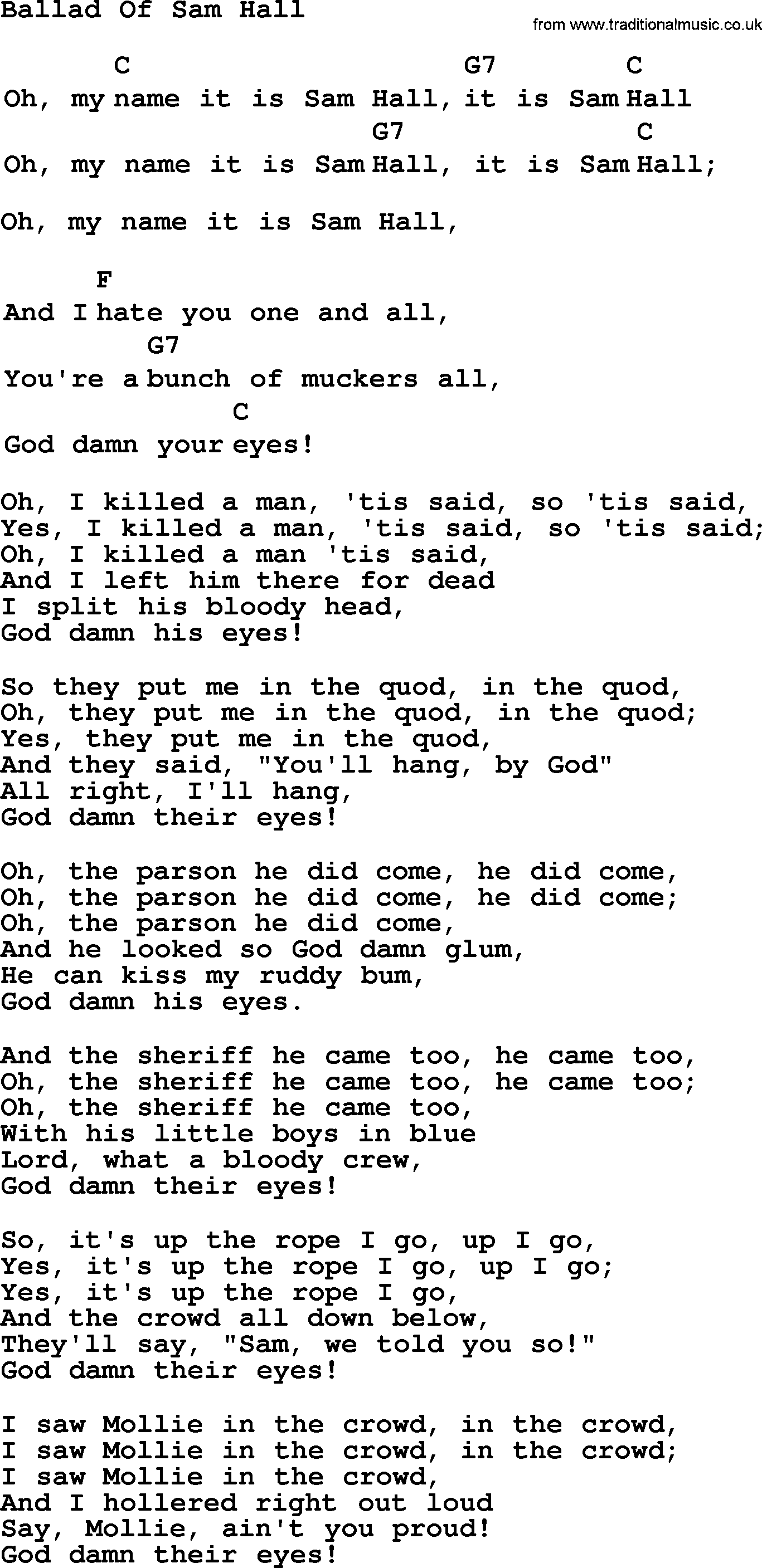 Top 1000 Most Popular Folk and Old-time Songs: Ballad Of Sam Hall, lyrics and chords
