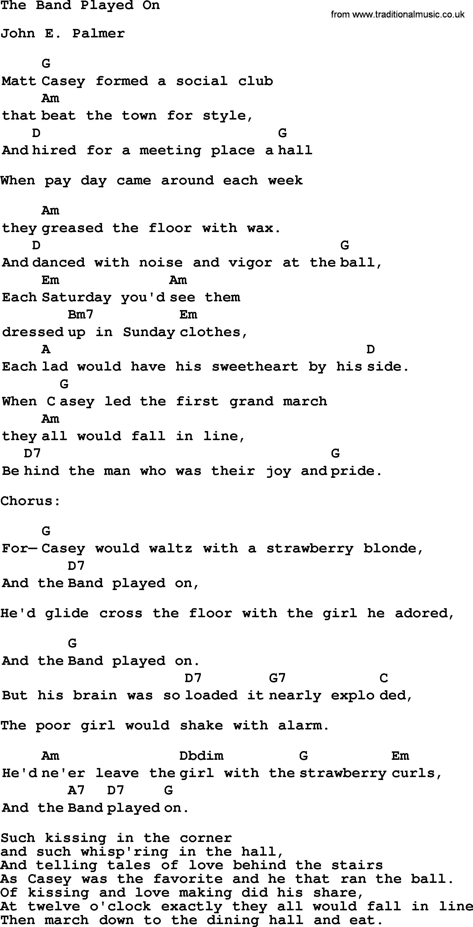 Top 1000 Most Popular Folk and Old-time Songs: Band Played On, lyrics and chords