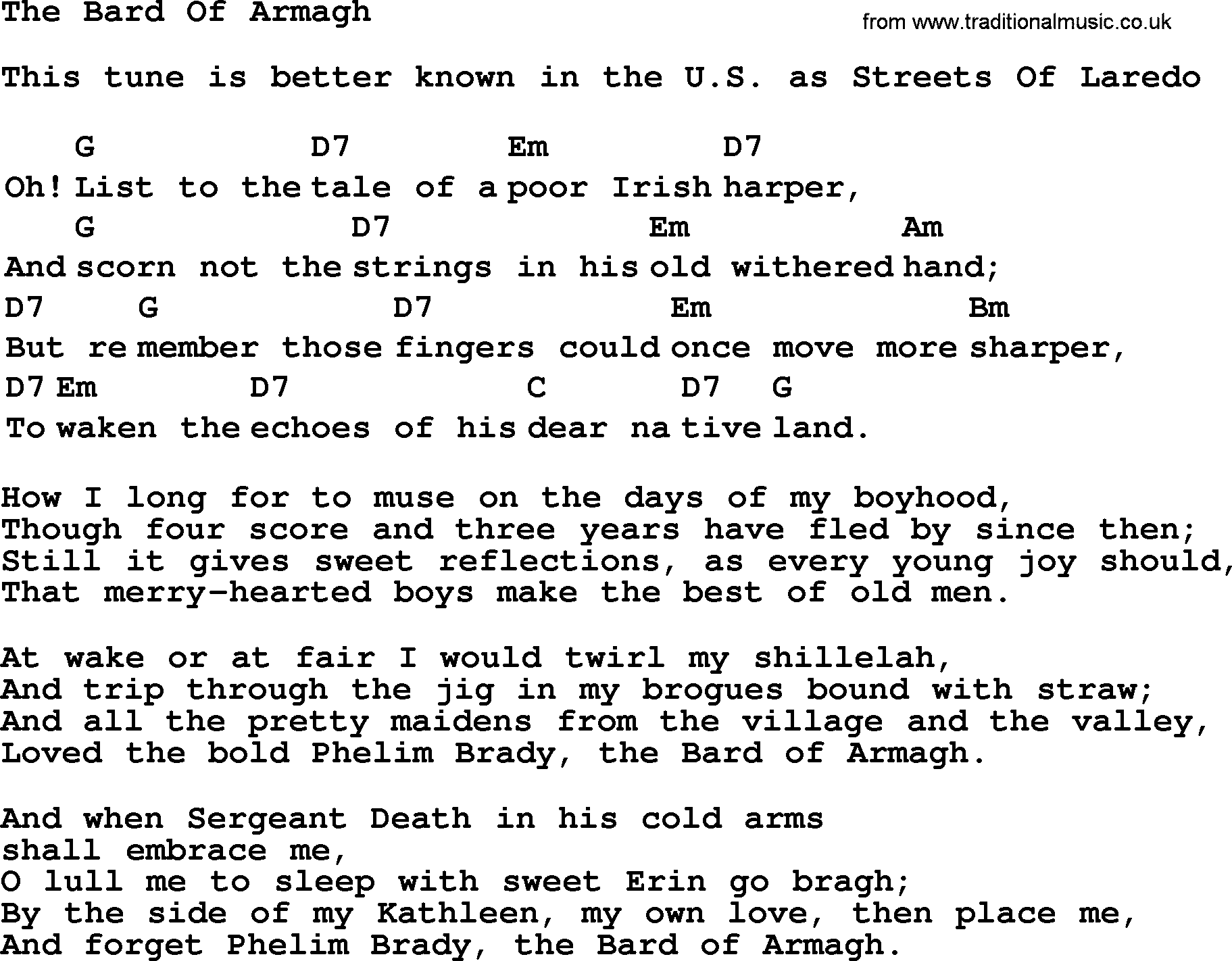 Top 1000 Most Popular Folk and Old-time Songs: Bard Of Armagh, lyrics and chords