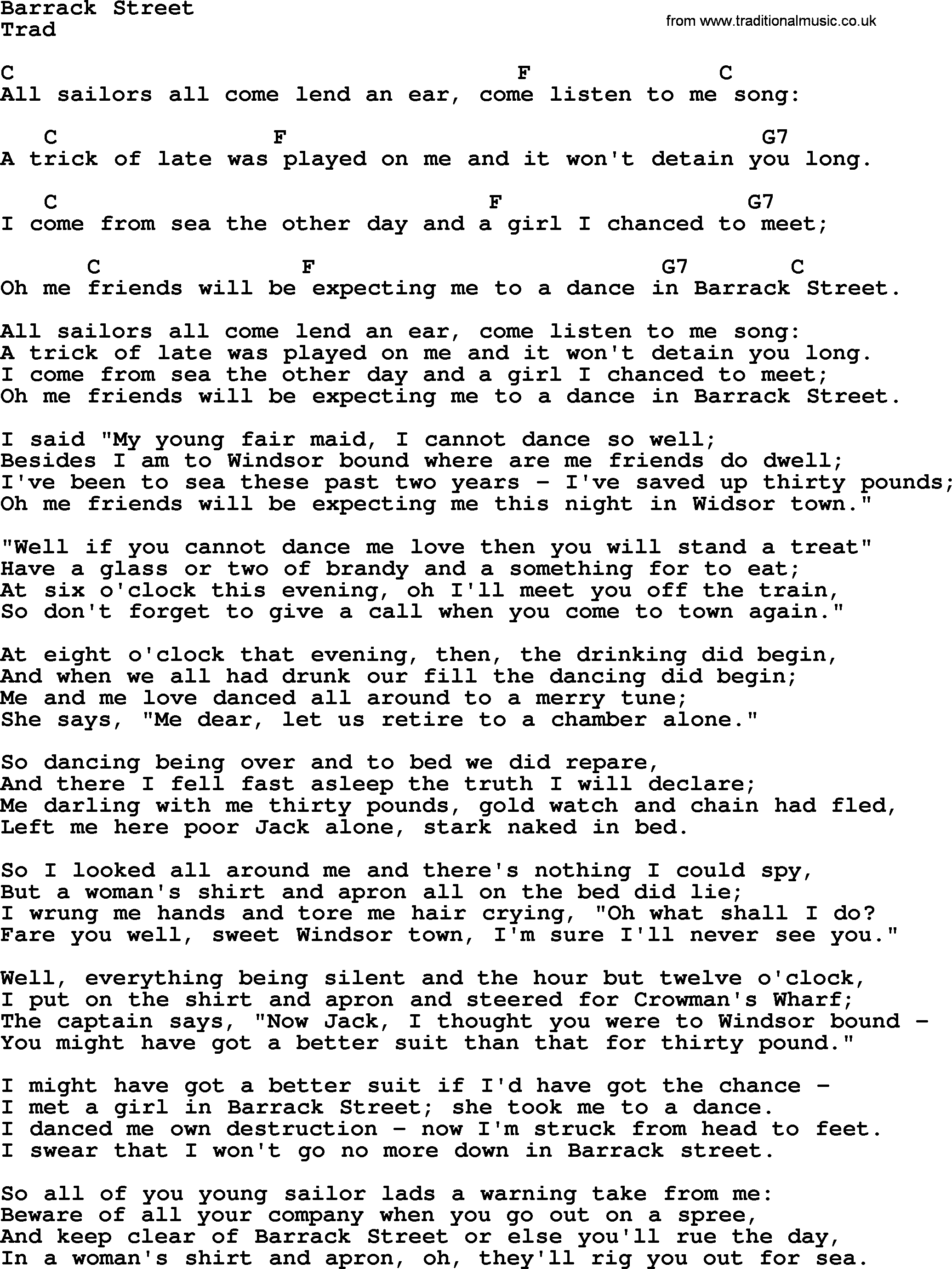 Top 1000 Most Popular Folk and Old-time Songs: Barrack Street, lyrics and chords