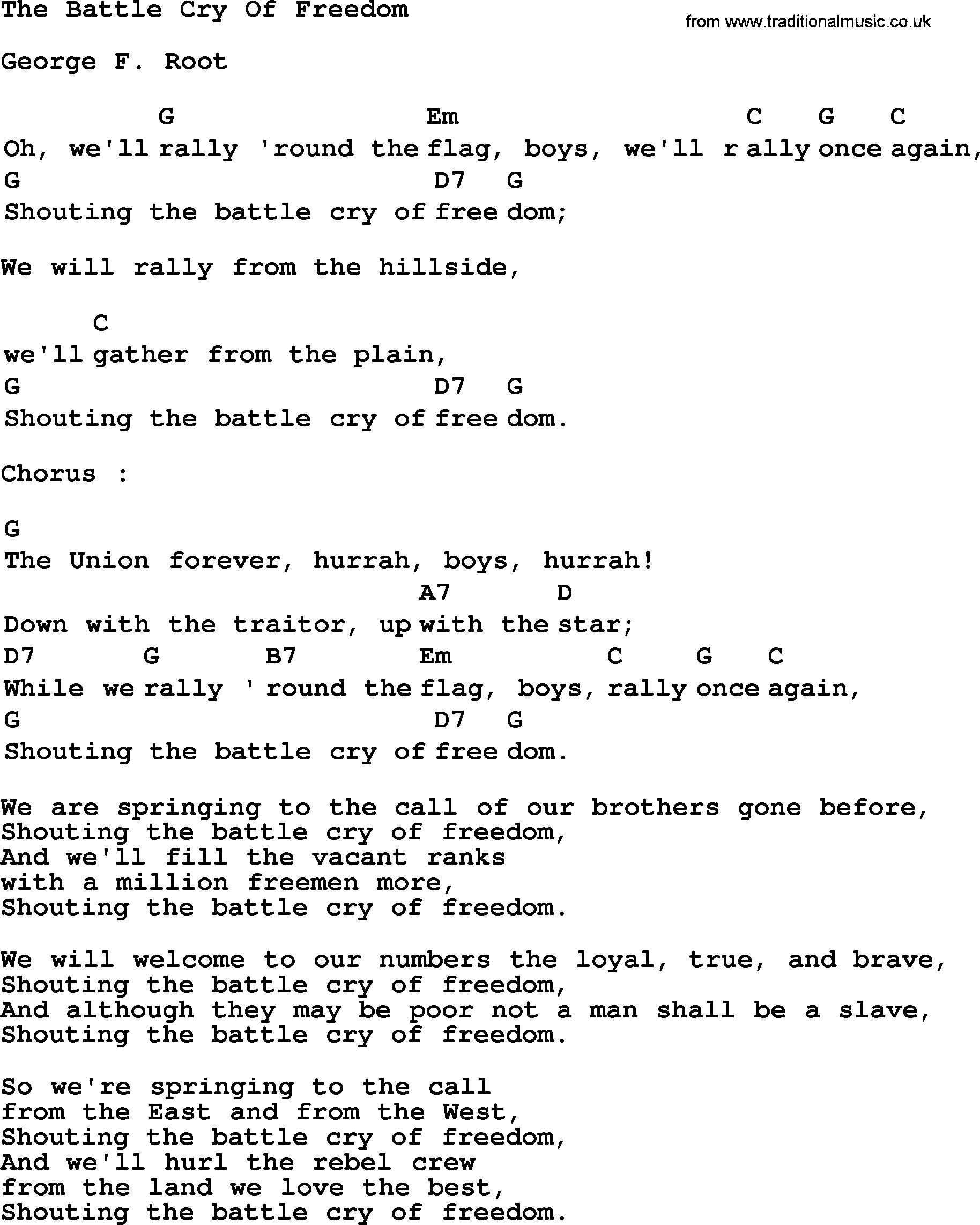 Top 1000 Most Popular Folk and Old-time Songs: Battle Cry Of Freedom, lyrics and chords