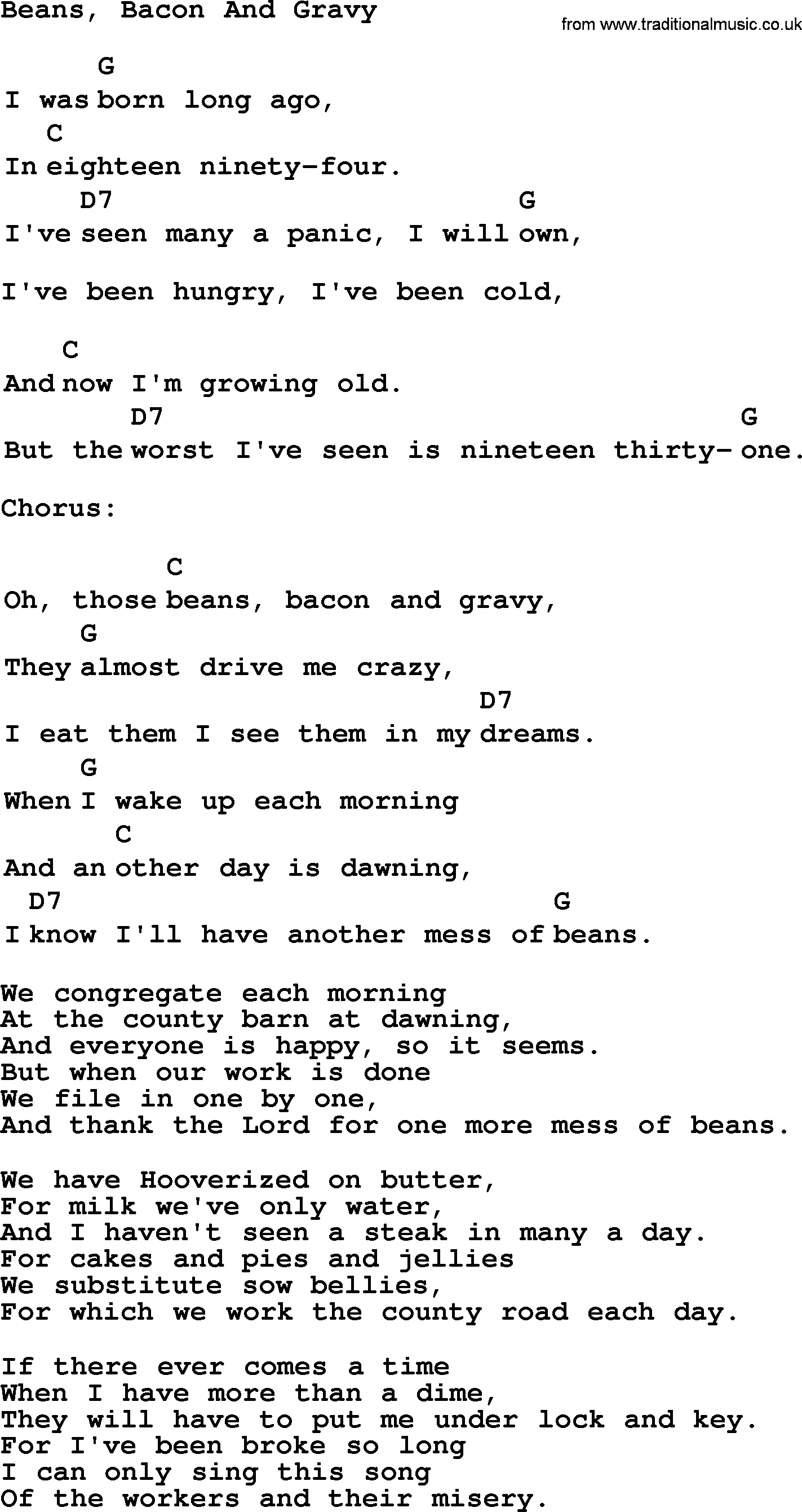 Top 1000 Most Popular Folk and Old-time Songs: Beans Bacon And Gravy, lyrics and chords
