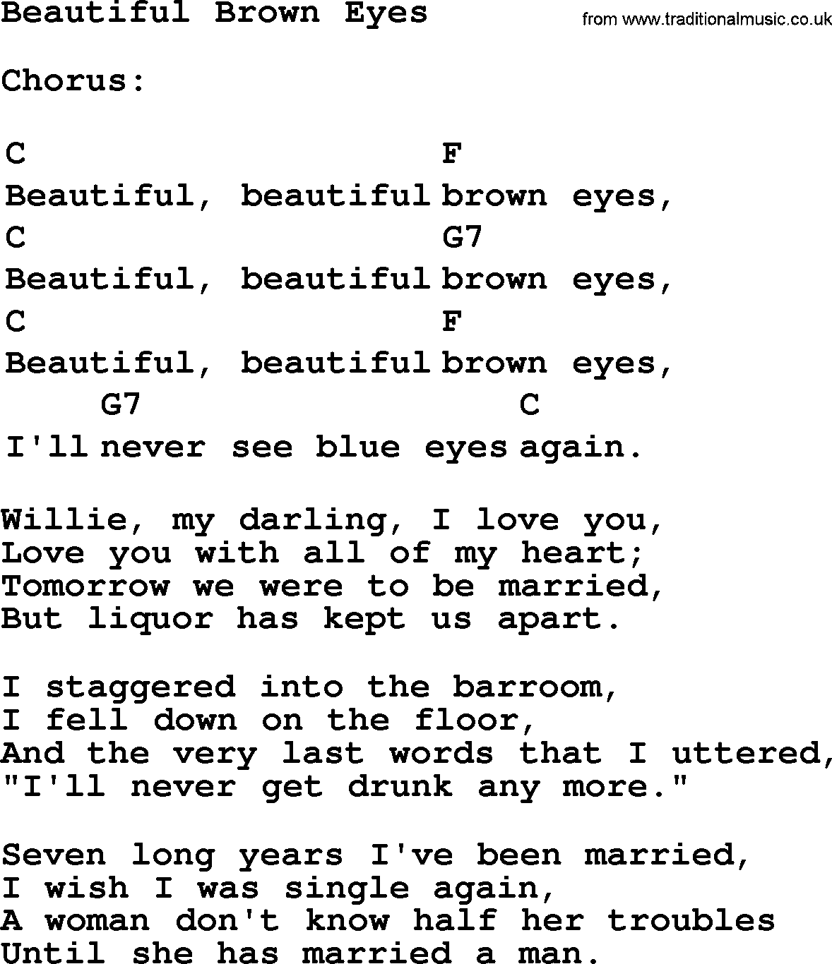 Top 1000 Most Popular Folk and Old-time Songs: Beautiful Brown Eyes, lyrics and chords
