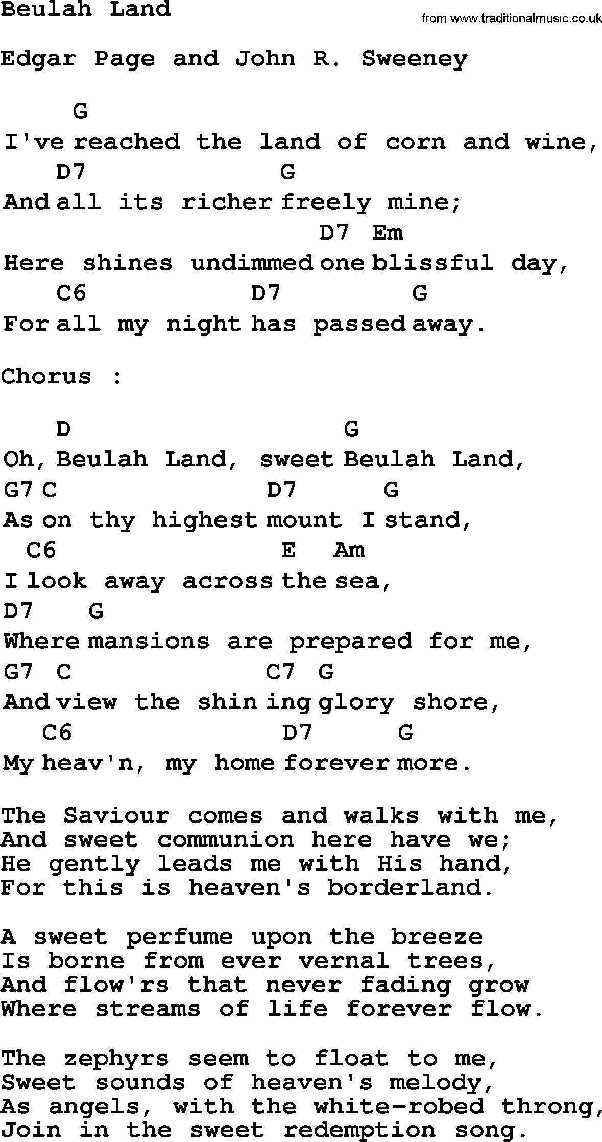 Top 1000 Most Popular Folk and Old-time Songs: Beulah Land, lyrics and chords