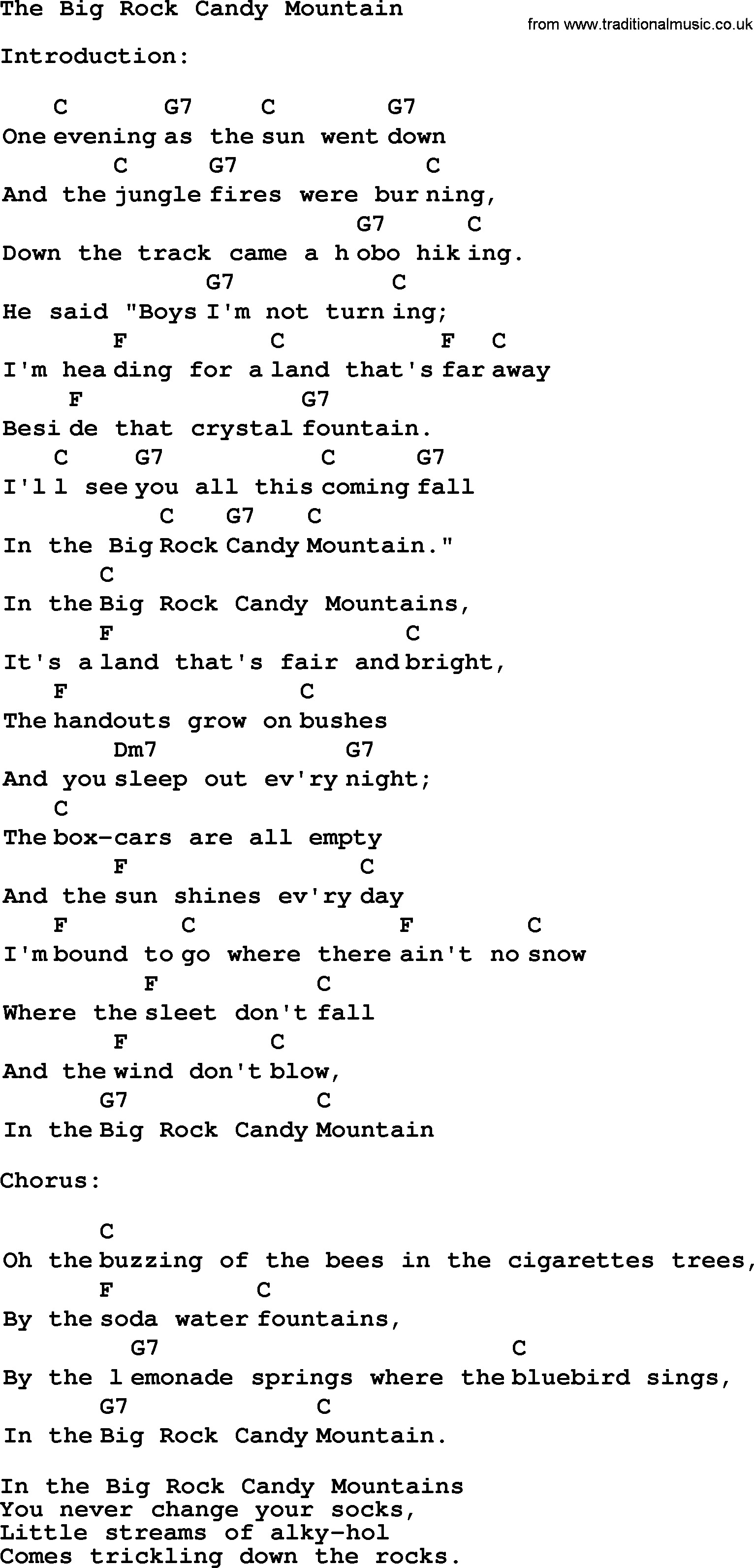 Top 1000 Most Popular Folk and Old-time Songs: Big Rock Candy Mountain, lyrics and chords