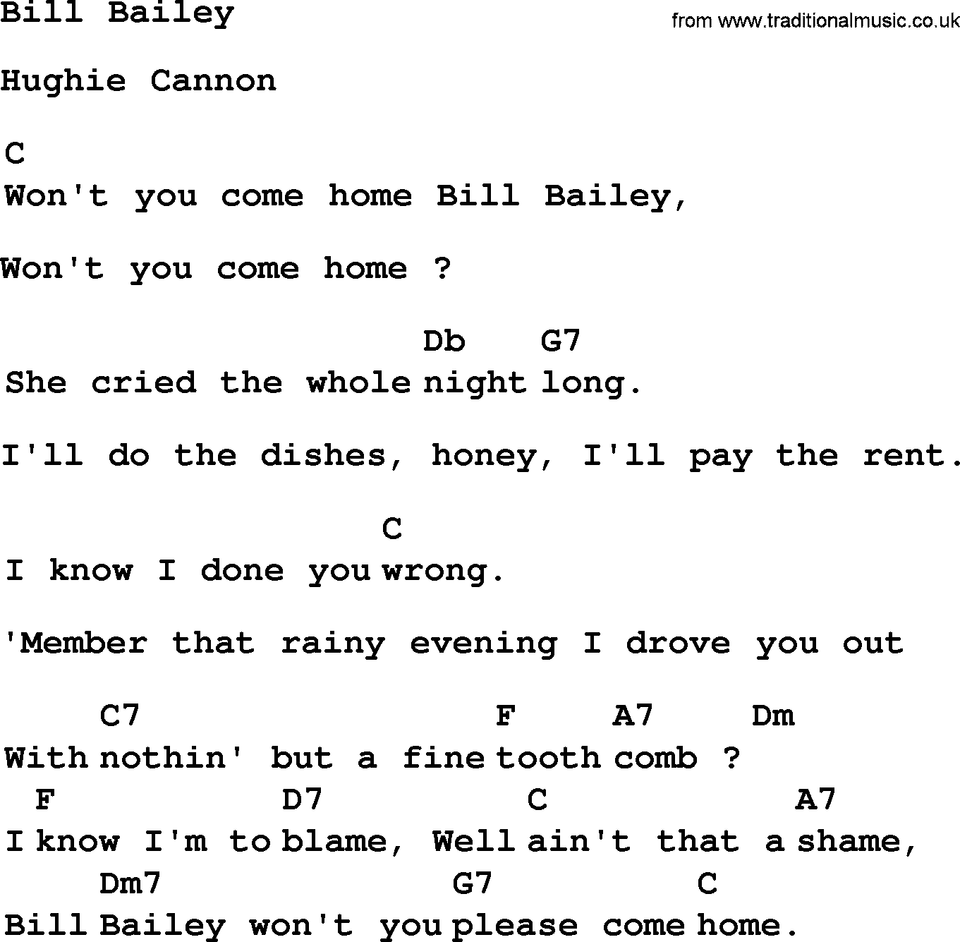 Top 1000 Most Popular Folk and Old-time Songs: Bill Bailey, lyrics and chords