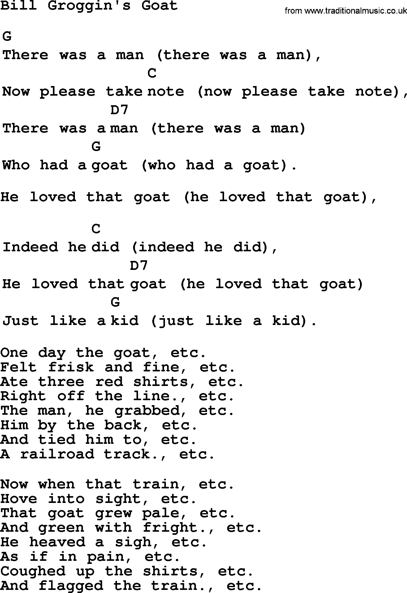 Top 1000 Most Popular Folk and Old-time Songs: Bill Groggins Goat, lyrics and chords