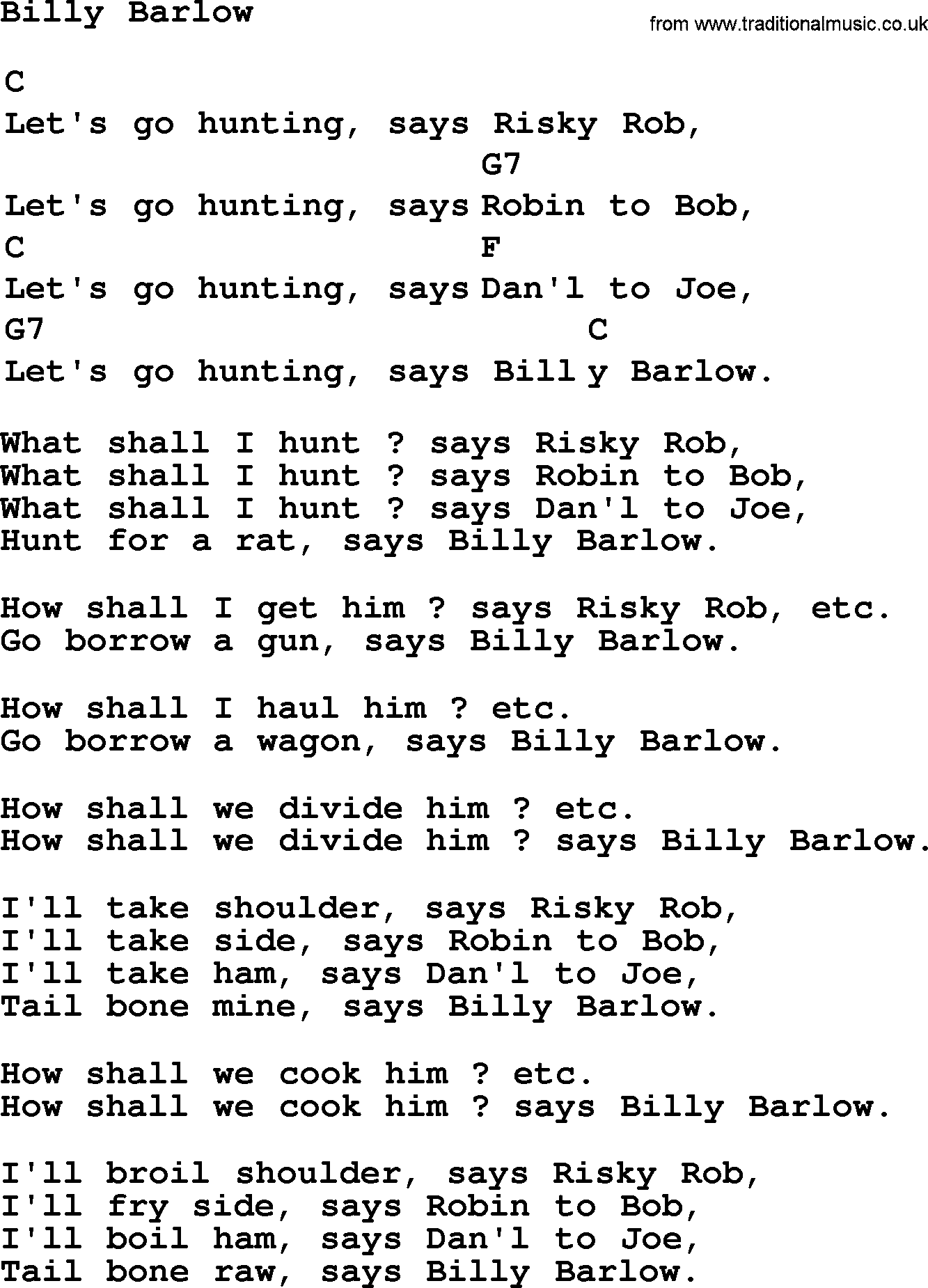 Top 1000 Most Popular Folk and Old-time Songs: Billy Barlow, lyrics and chords