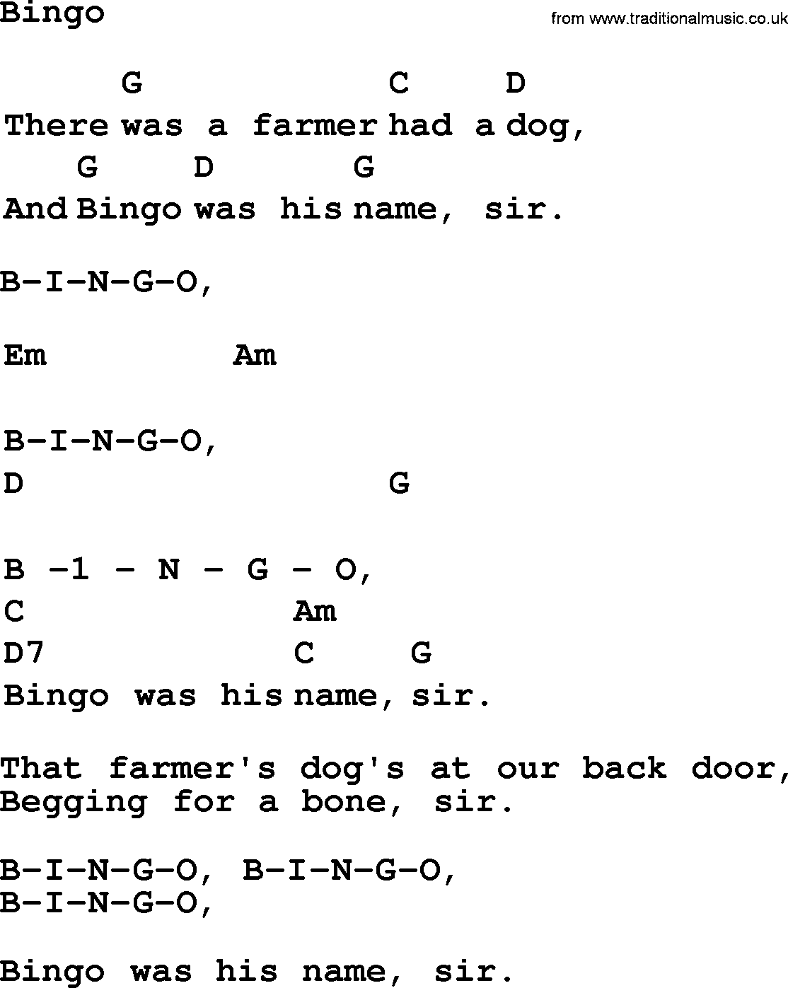Top 1000 Most Popular Folk and Old-time Songs: Bingo, lyrics and chords
