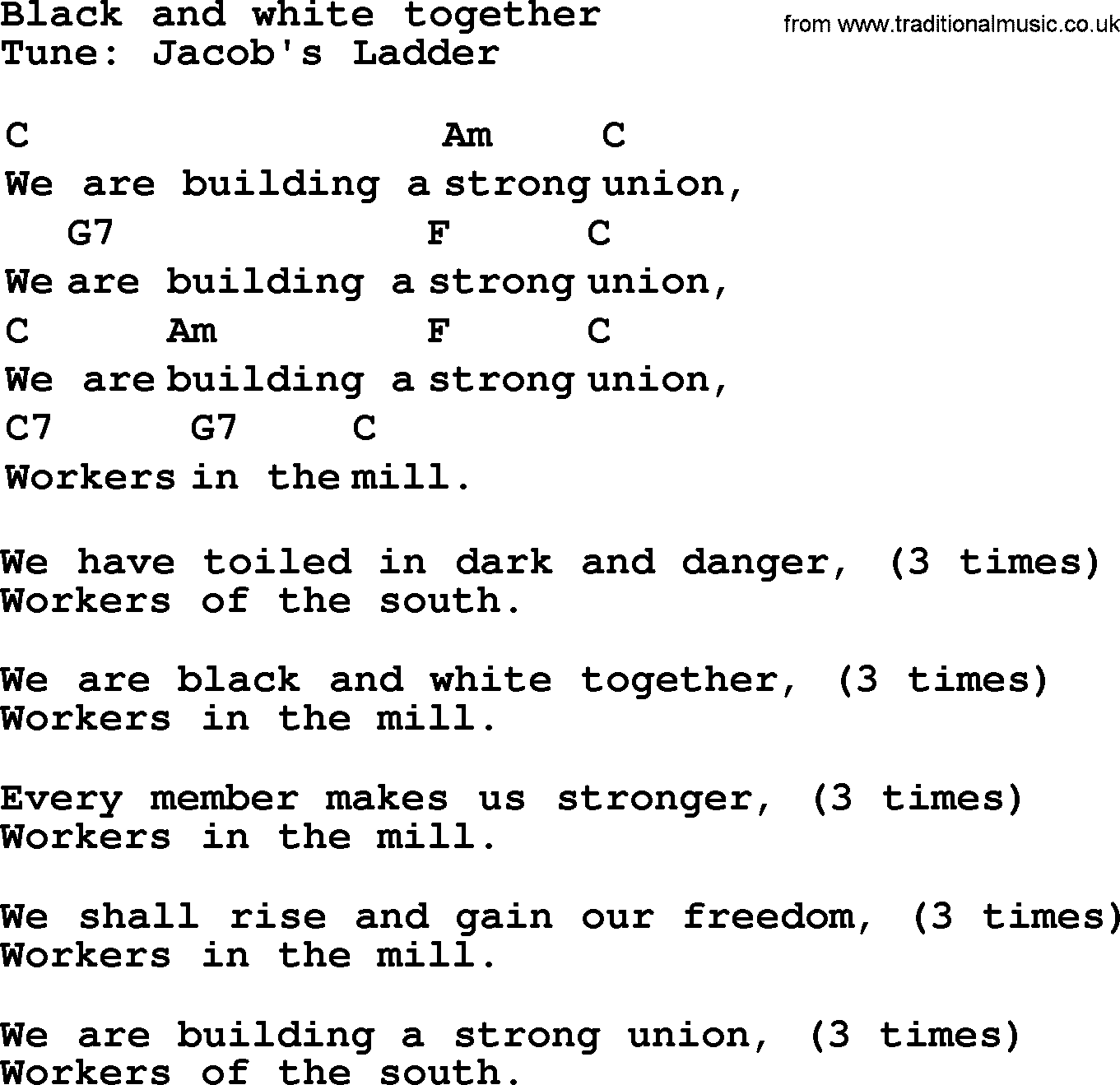 Top 1000 Most Popular Folk and Old-time Songs: Black and white together, lyrics and chords