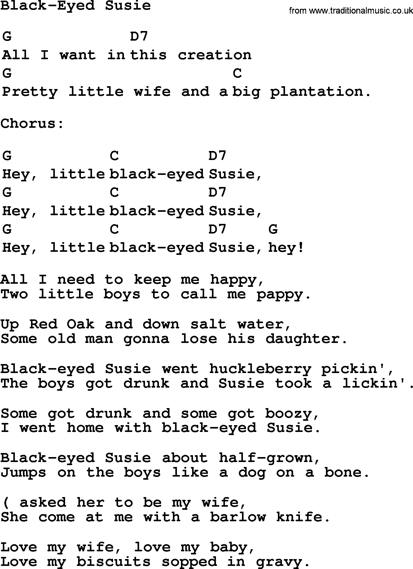 Top 1000 Most Popular Folk and Old-time Songs: Black-Eyed Susie, lyrics and chords