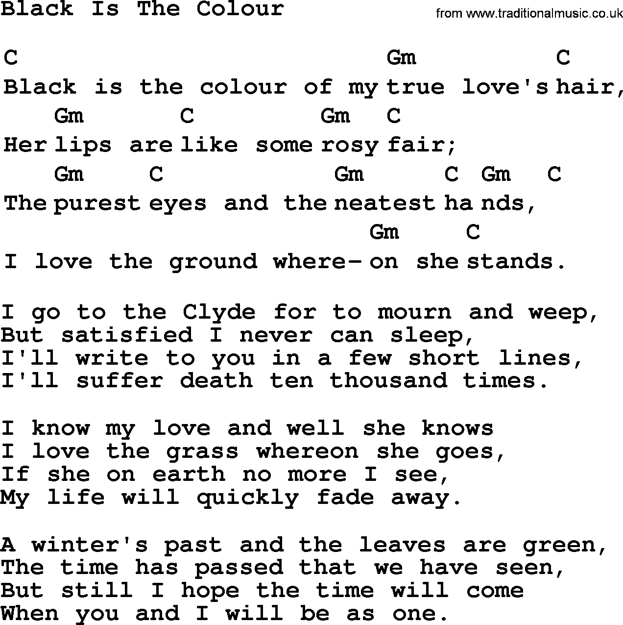 Top 1000 Most Popular Folk and Old-time Songs: Black Is The Colour, lyrics and chords