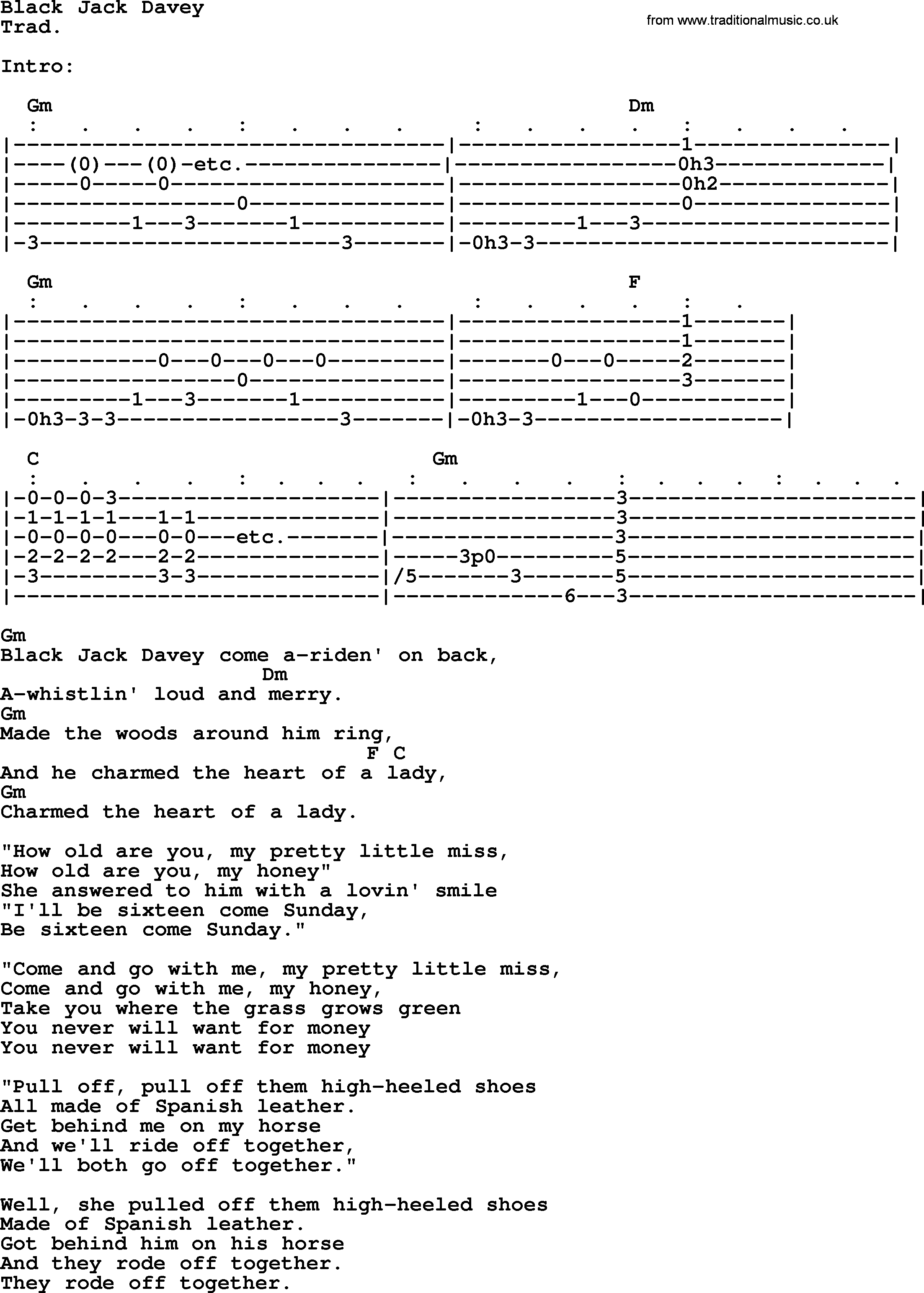 Top 1000 Most Popular Folk and Old-time Songs: Black Jack Davey, lyrics and chords
