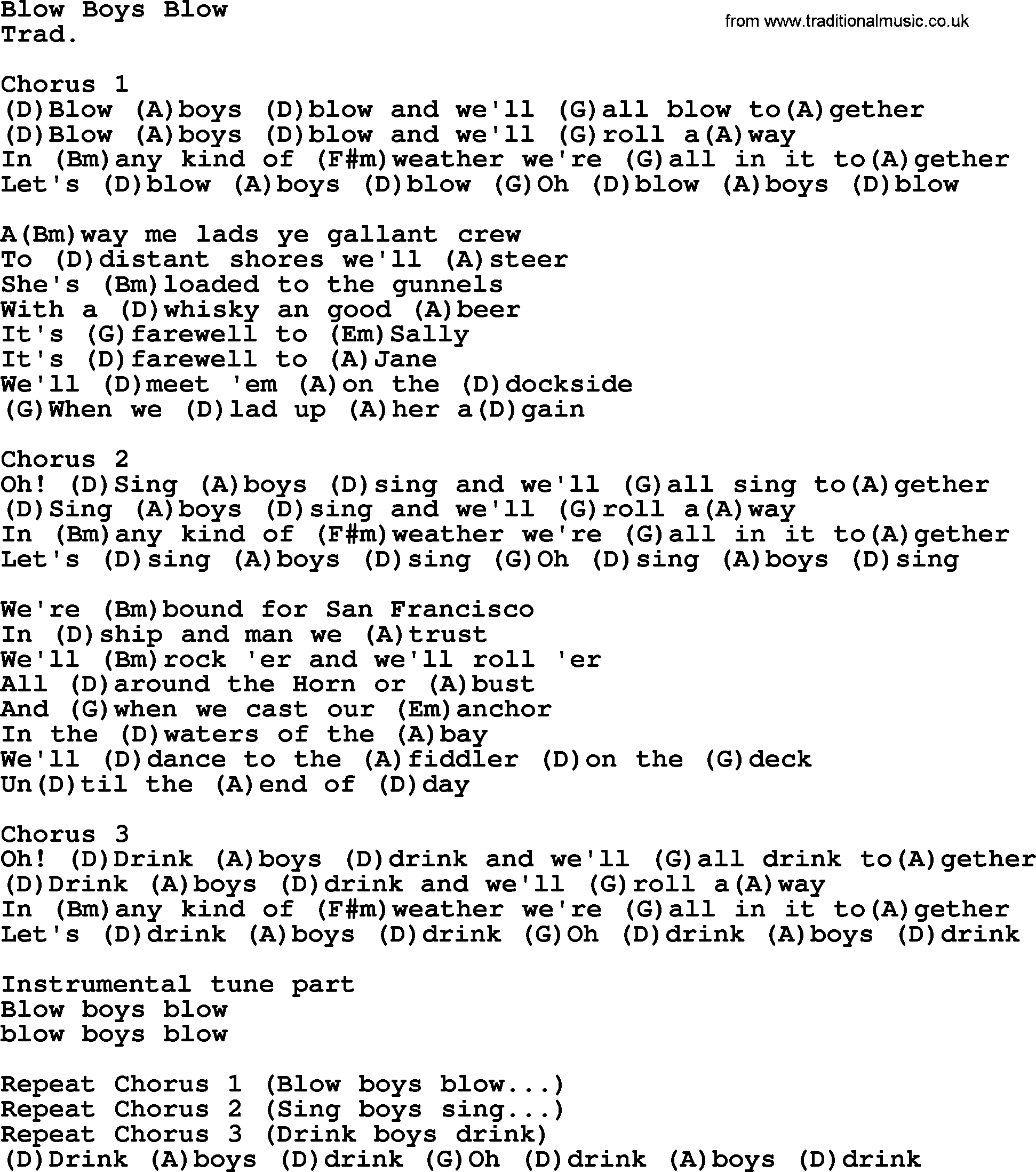 Top 1000 Most Popular Folk and Old-time Songs: Blow Boys Blow, lyrics and chords