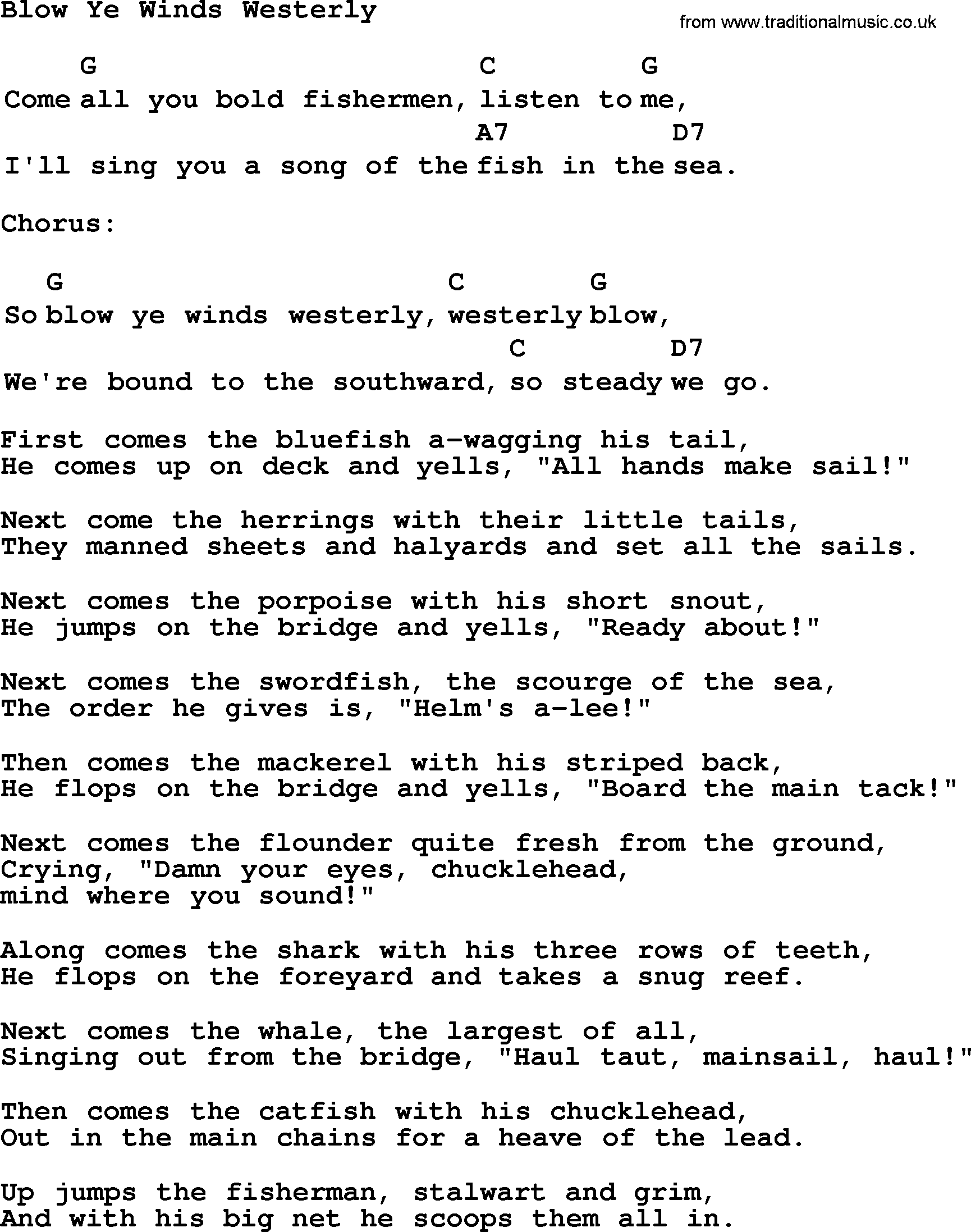 Top 1000 Most Popular Folk and Old-time Songs: Blow Ye Winds Westerly, lyrics and chords