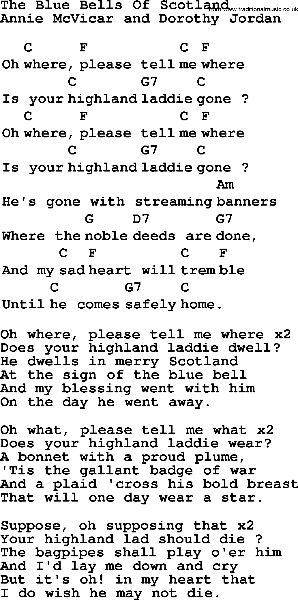 Top 1000 Most Popular Folk and Old-time Songs: Blue Bells Of Scotland, lyrics and chords
