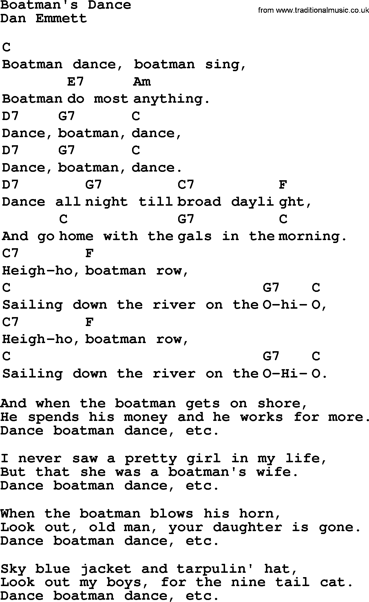 Top 1000 Most Popular Folk and Old-time Songs: Boatmans Dance, lyrics and chords