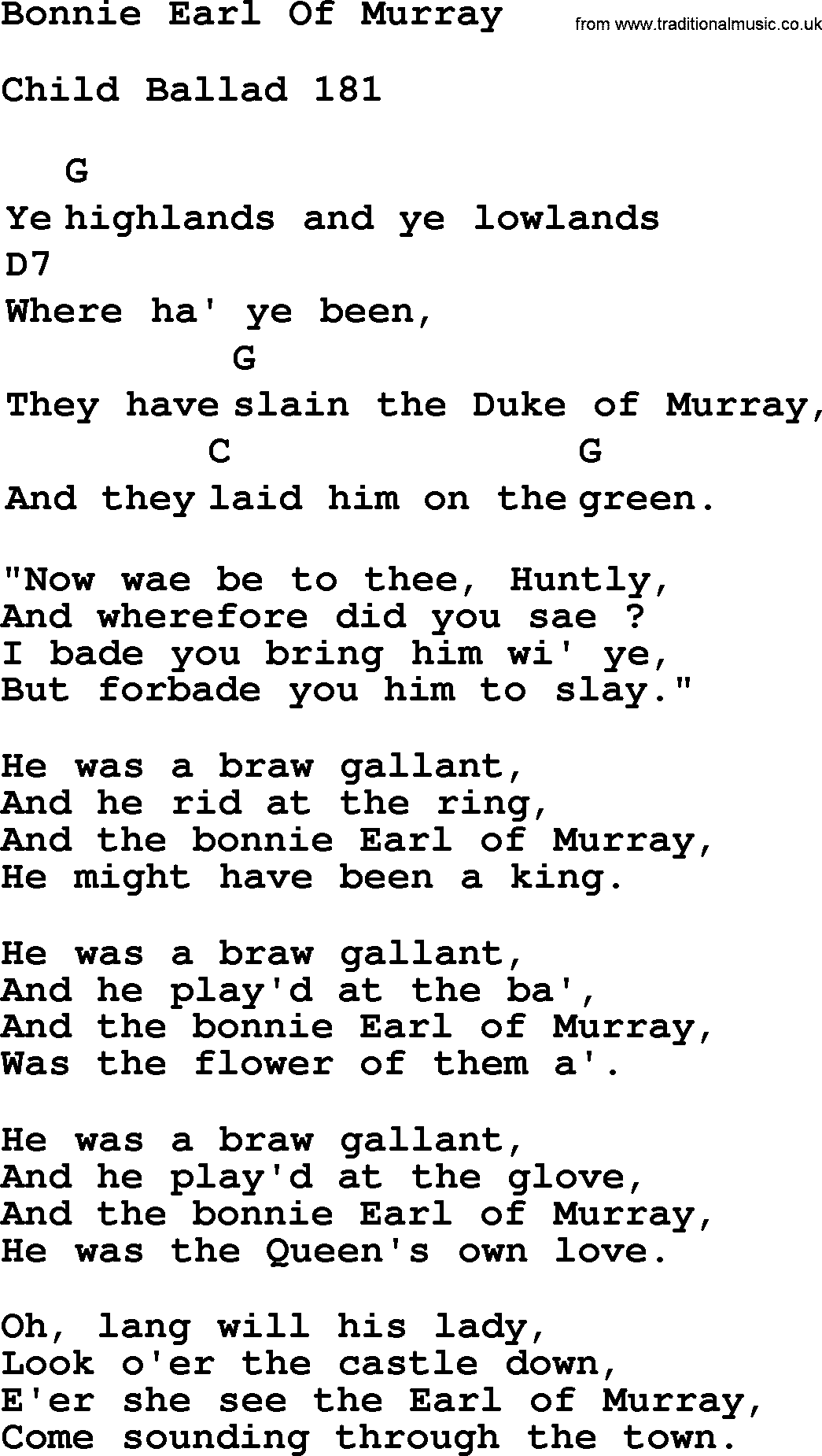 Top 1000 Most Popular Folk and Old-time Songs: Bonnie Earl Of Murray, lyrics and chords