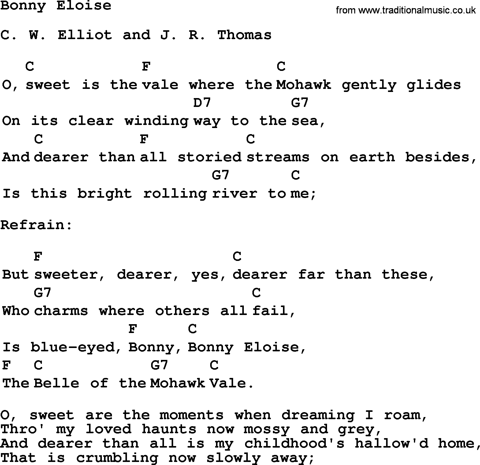 Top 1000 Most Popular Folk and Old-time Songs: Bonny Eloise, lyrics and chords