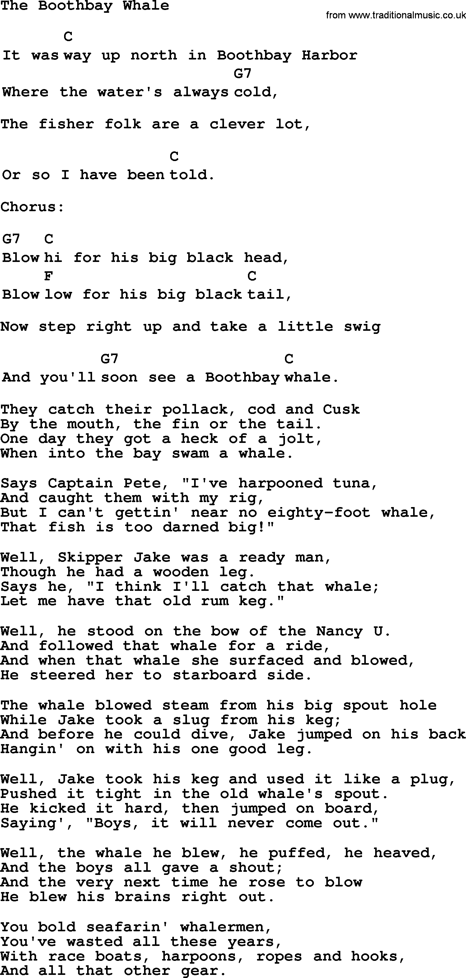 Top 1000 Most Popular Folk and Old-time Songs: Boothbay Whale, lyrics and chords