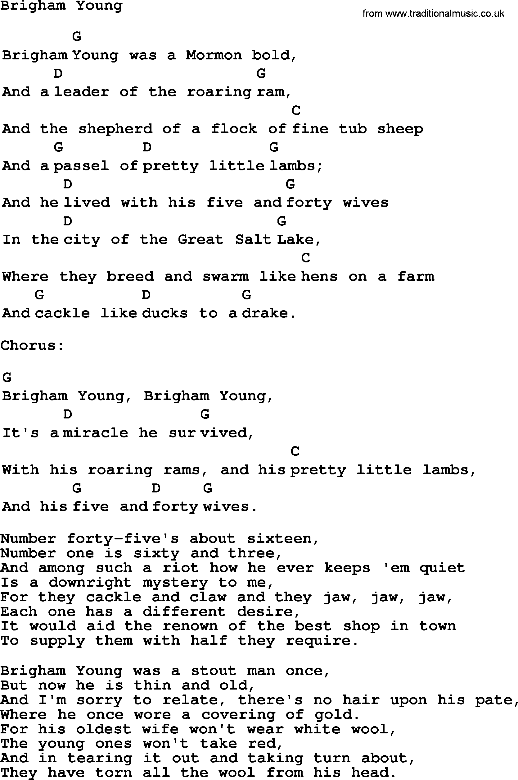 Top 1000 Most Popular Folk and Old-time Songs: Brigham Young, lyrics and chords