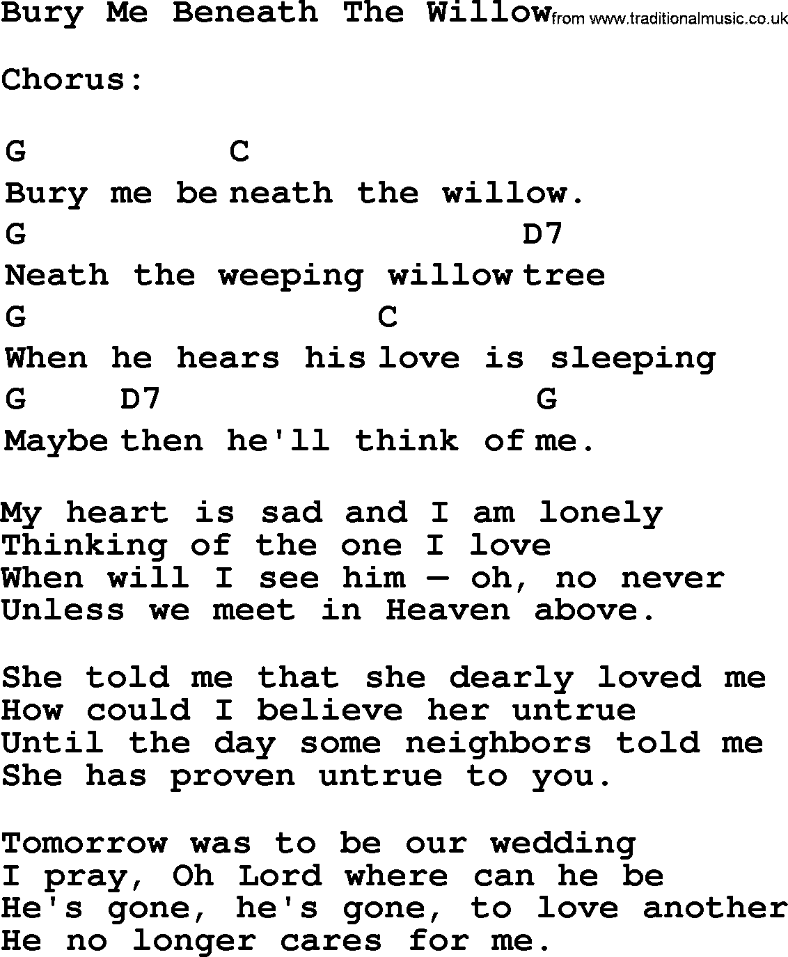 Top 1000 Most Popular Folk and Old-time Songs: Bury Me Beneath The Willow, lyrics and chords