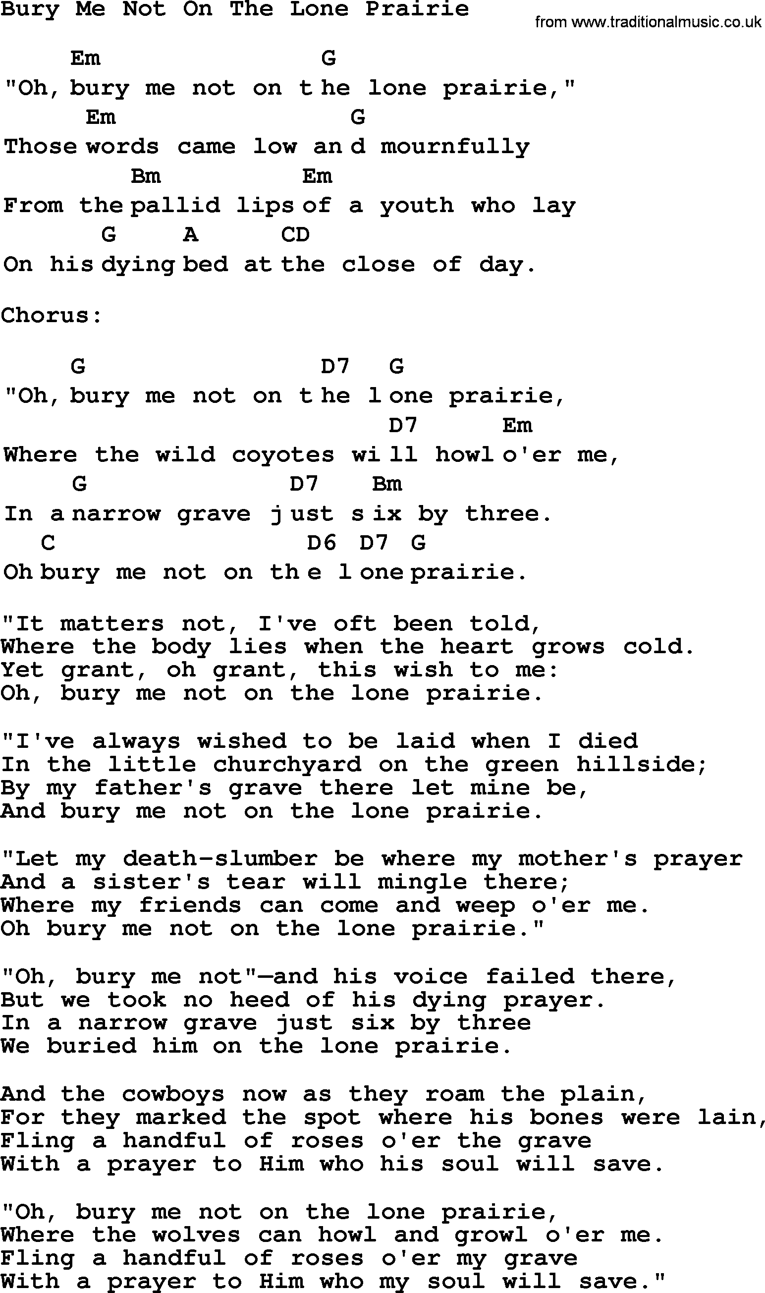 Top 1000 Most Popular Folk and Old-time Songs: Bury Me Not On The Lone Prairie, lyrics and chords