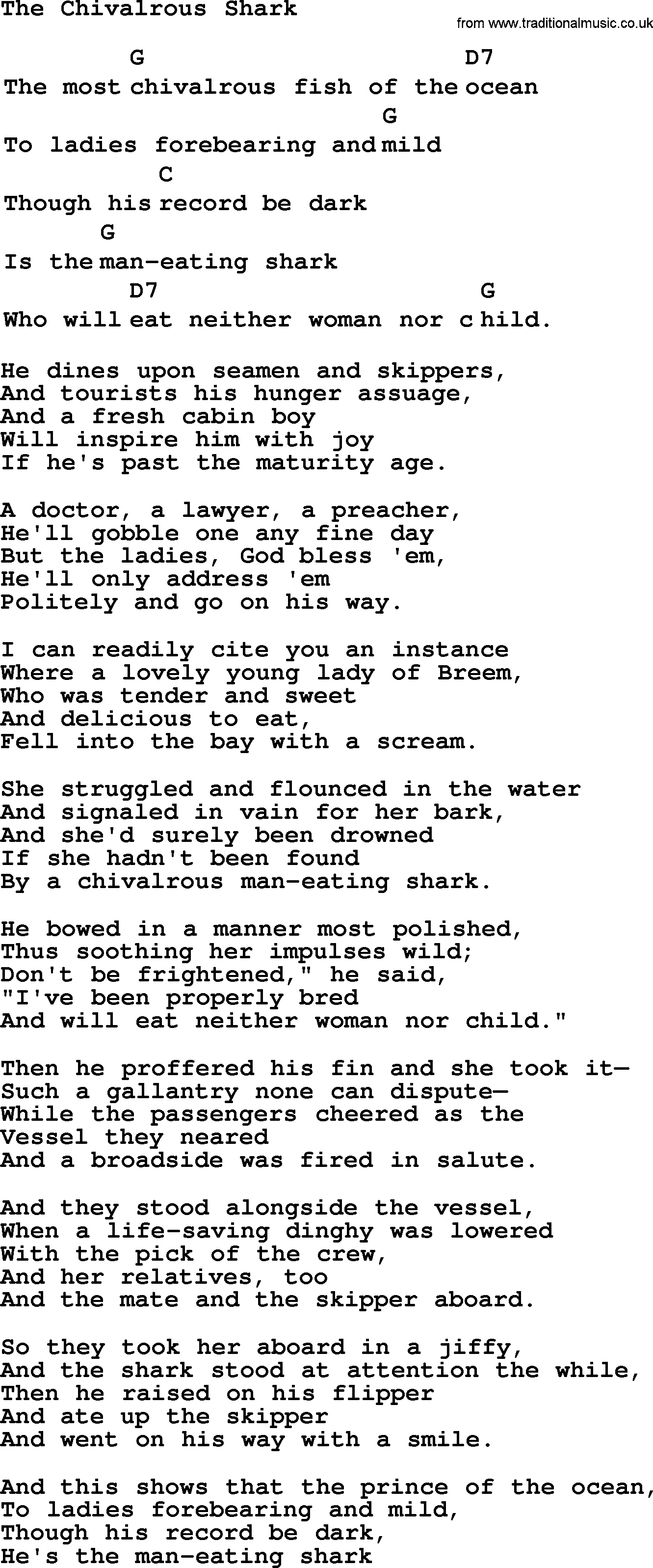 Top 1000 Most Popular Folk and Old-time Songs: Chivalrous Shark, lyrics and chords