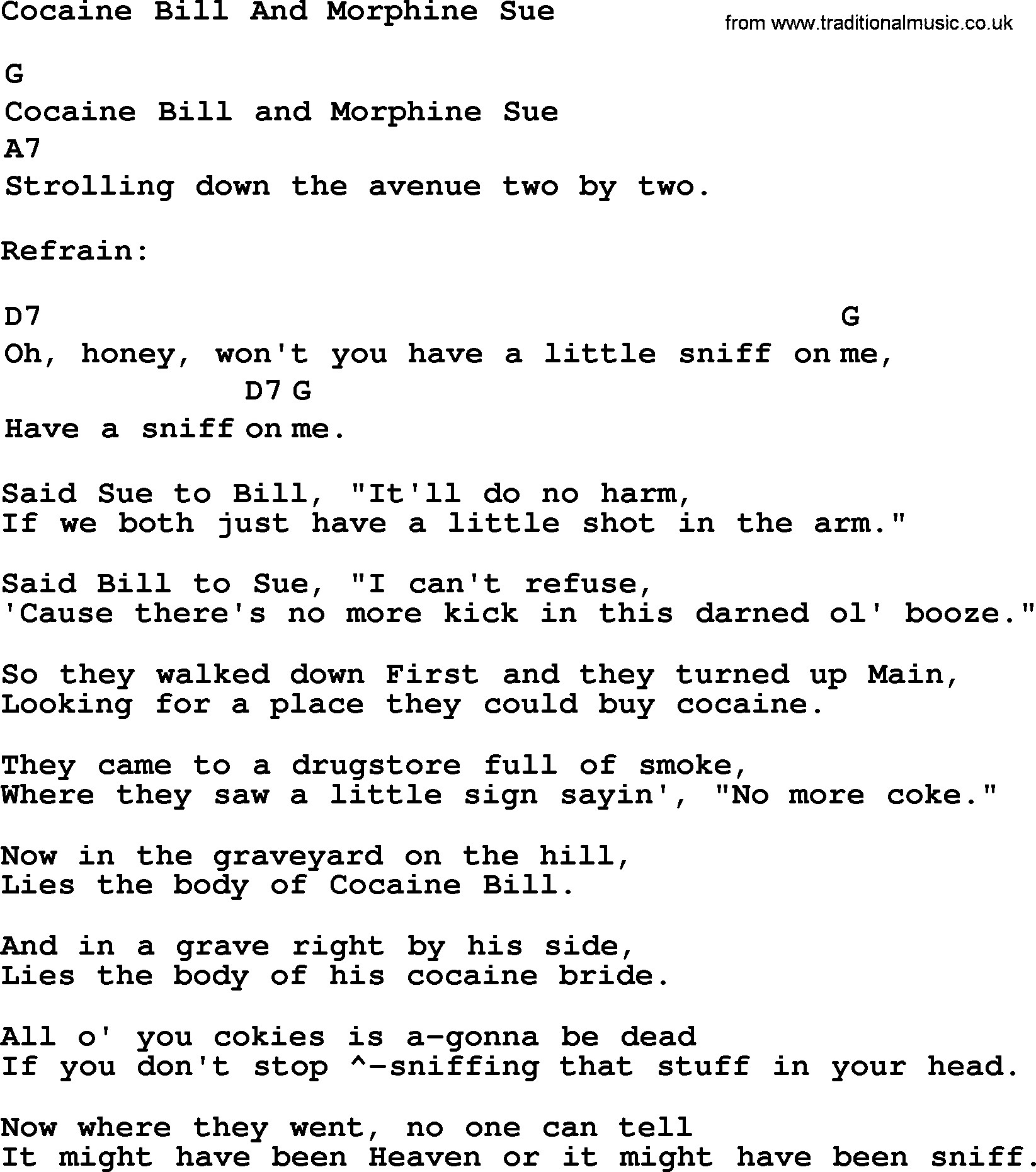 Top 1000 Most Popular Folk and Old-time Songs: Cocaine Bill And Morphine Sue, lyrics and chords
