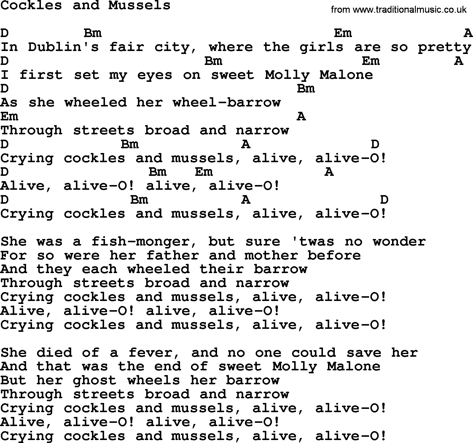Top 1000 Most Popular Folk and Old-time Songs: Cockles And Mussels, lyrics and chords