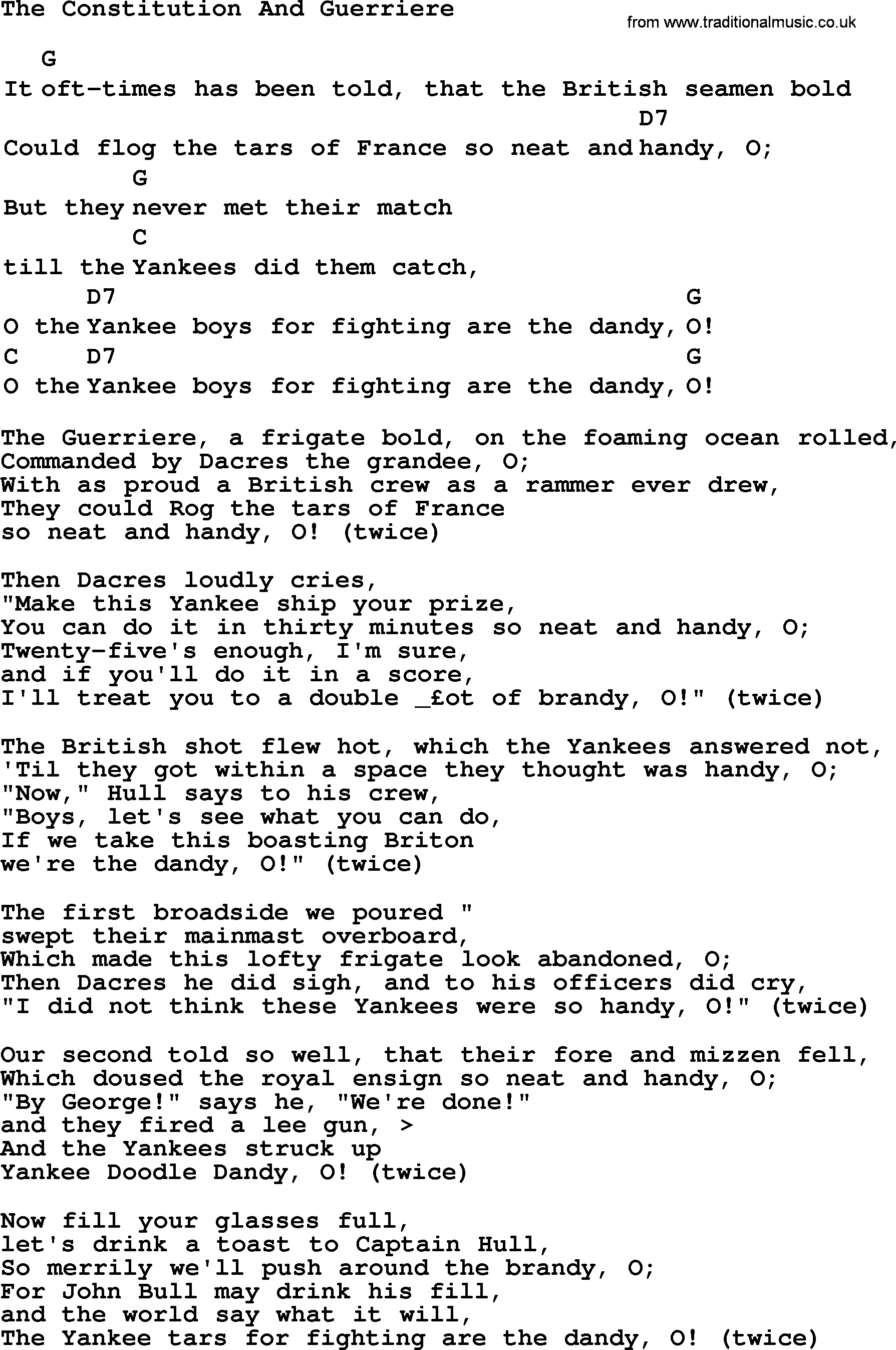 Top 1000 Most Popular Folk and Old-time Songs: Constitution And Guerriere, lyrics and chords