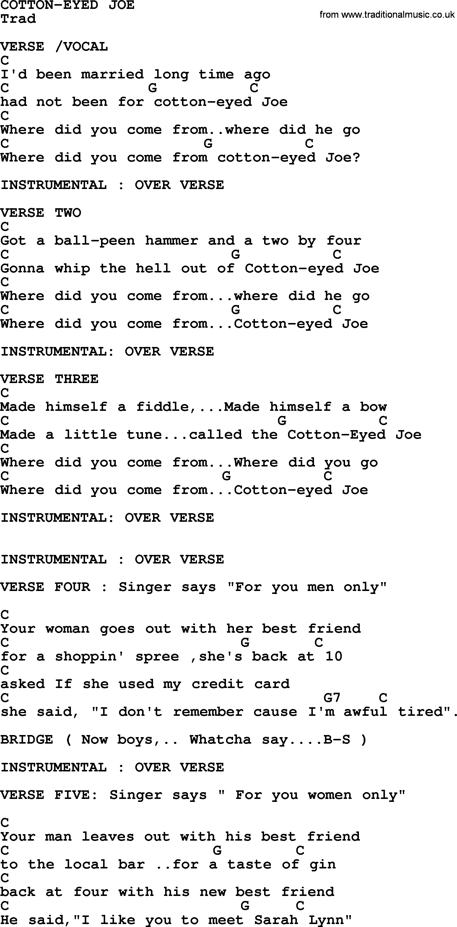 Top 1000 Most Popular Folk and Old-time Songs: Cotton-eyed Joe, lyrics and chords