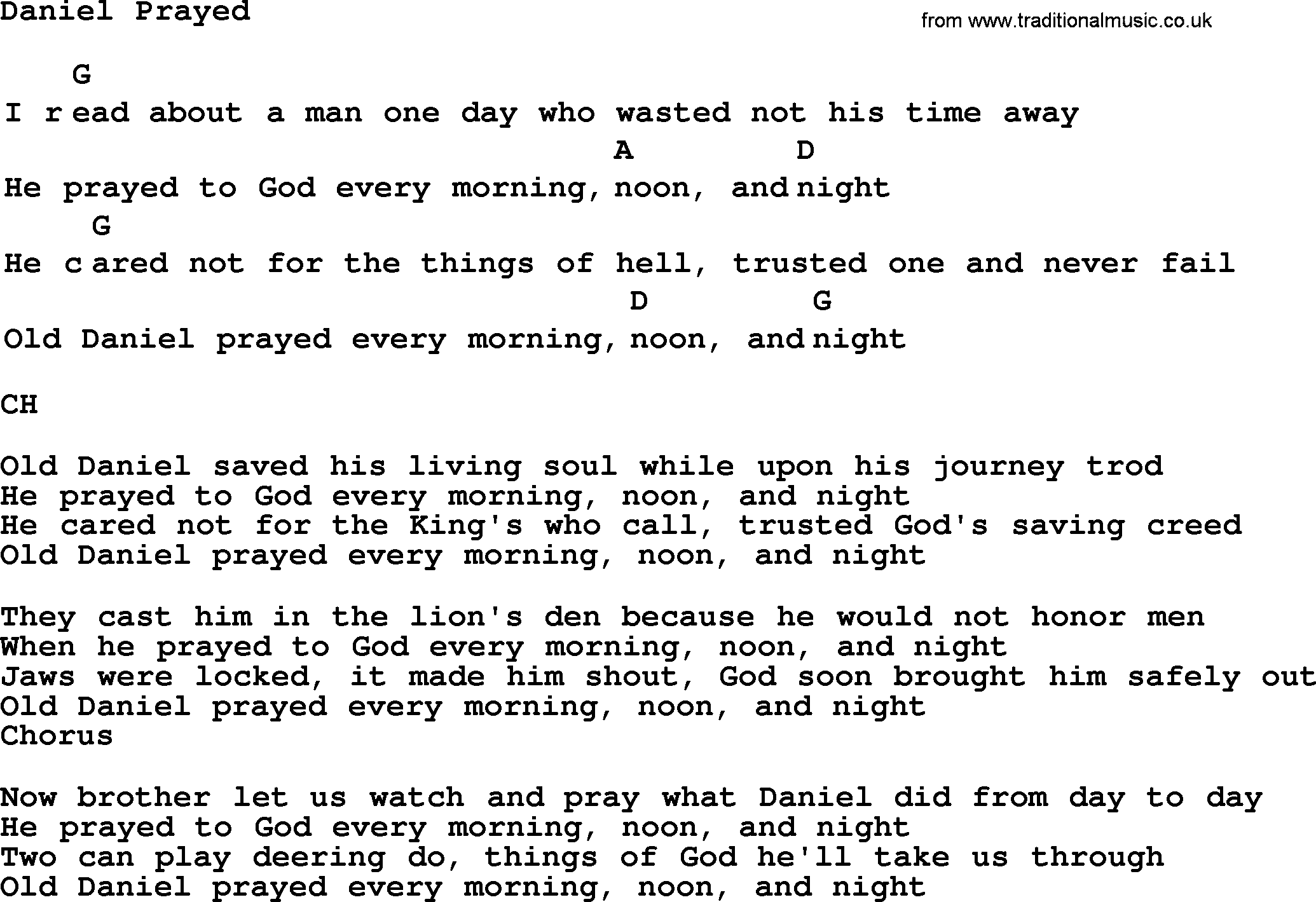 Top 1000 Most Popular Folk and Old-time Songs: Daniel Prayed, lyrics and chords