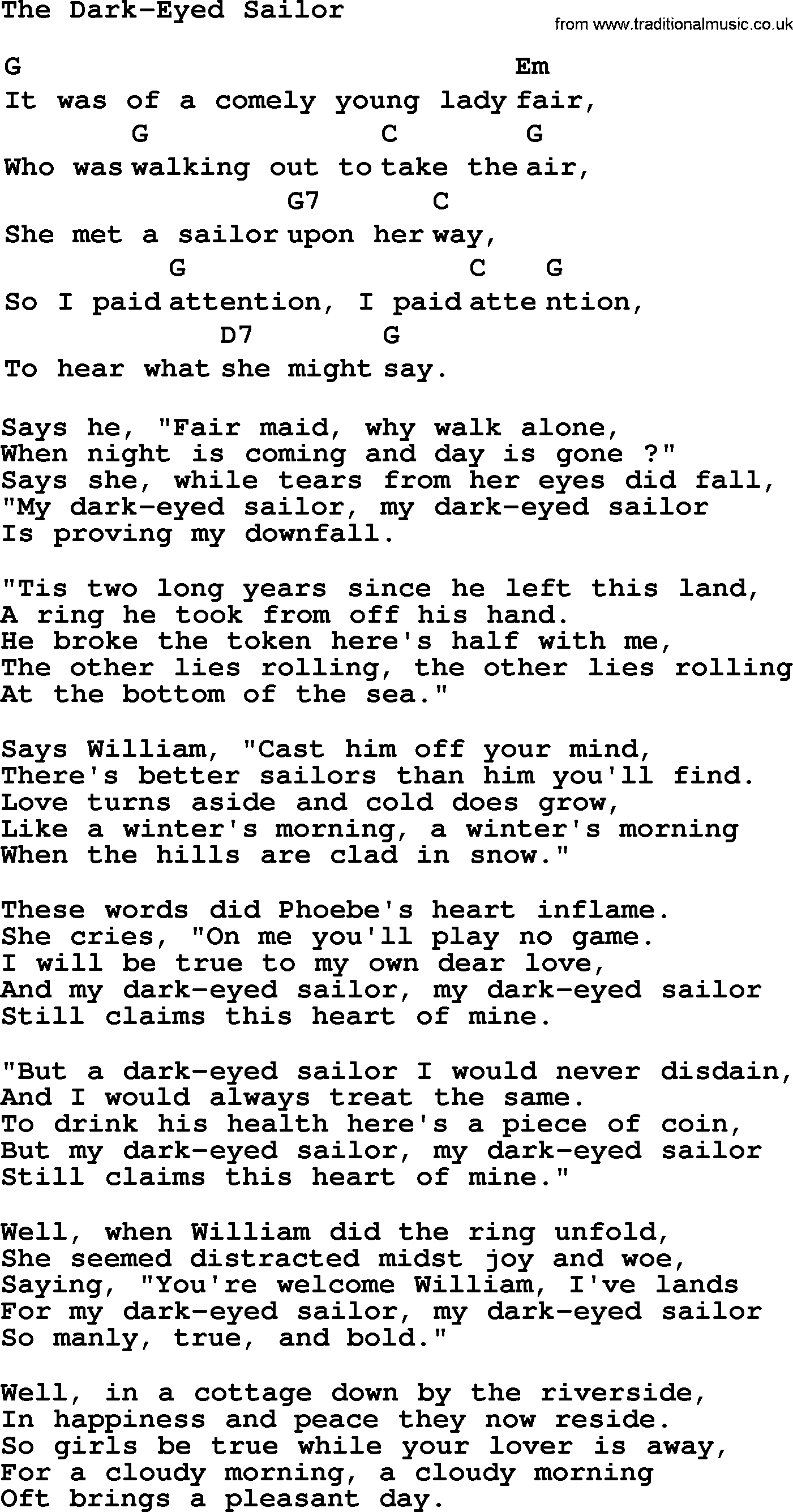 Top 1000 Most Popular Folk and Old-time Songs: Dark-Eyed Sailor, lyrics and chords