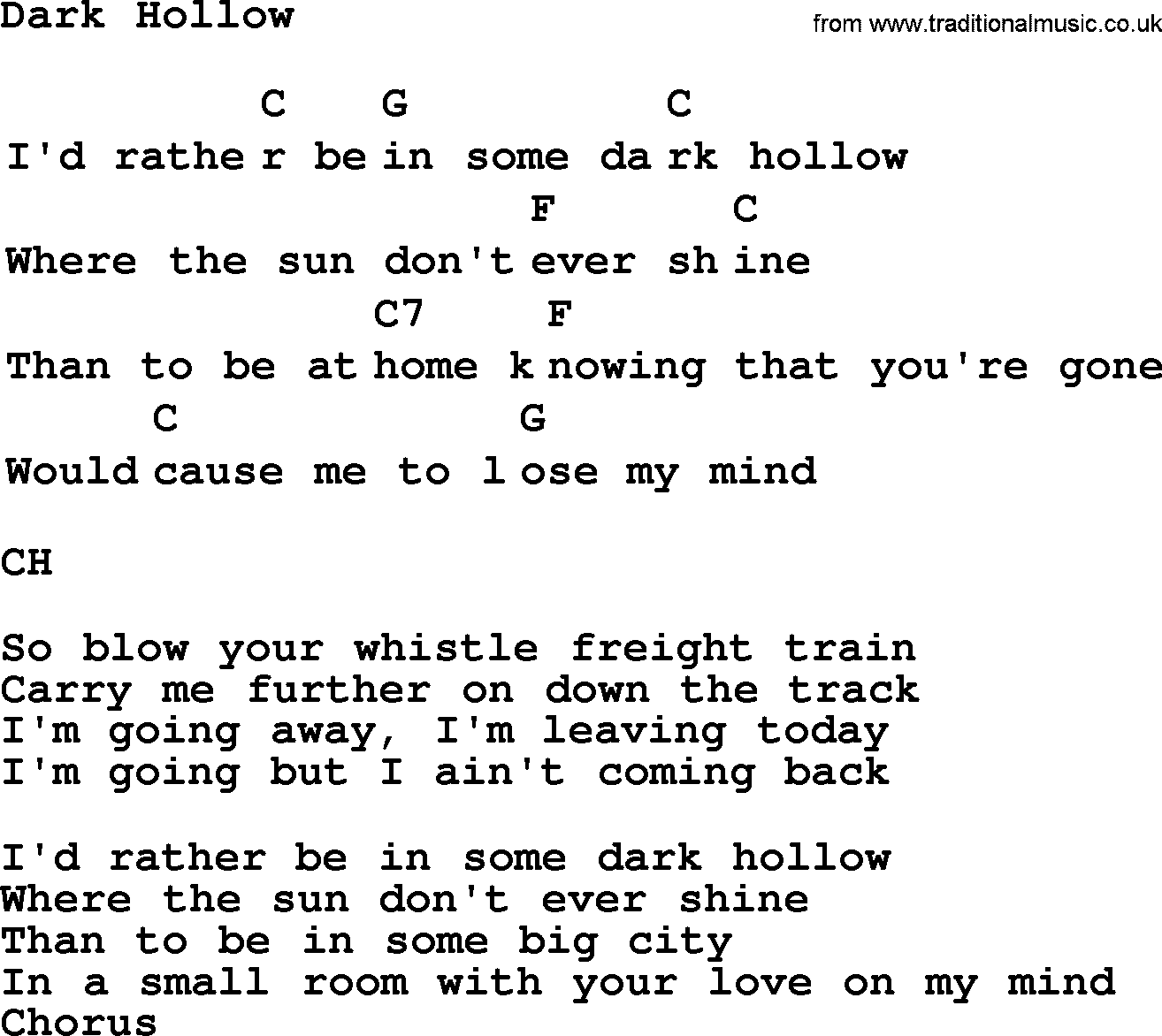 Top 1000 Most Popular Folk and Old-time Songs: Dark Hollow, lyrics and chords