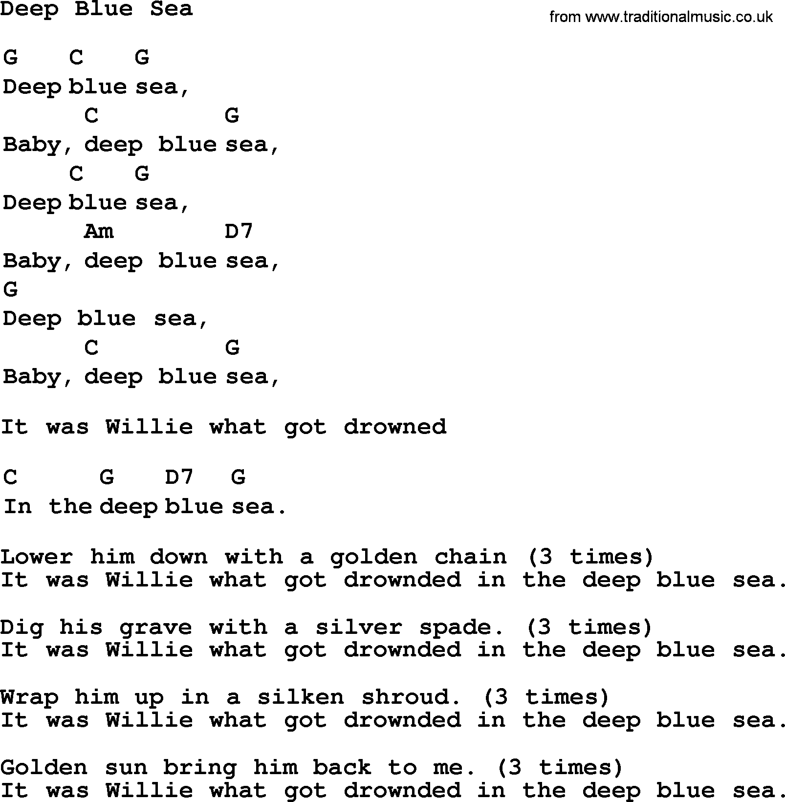 Top 1000 Most Popular Folk and Old-time Songs: Deep Blue Sea, lyrics and chords