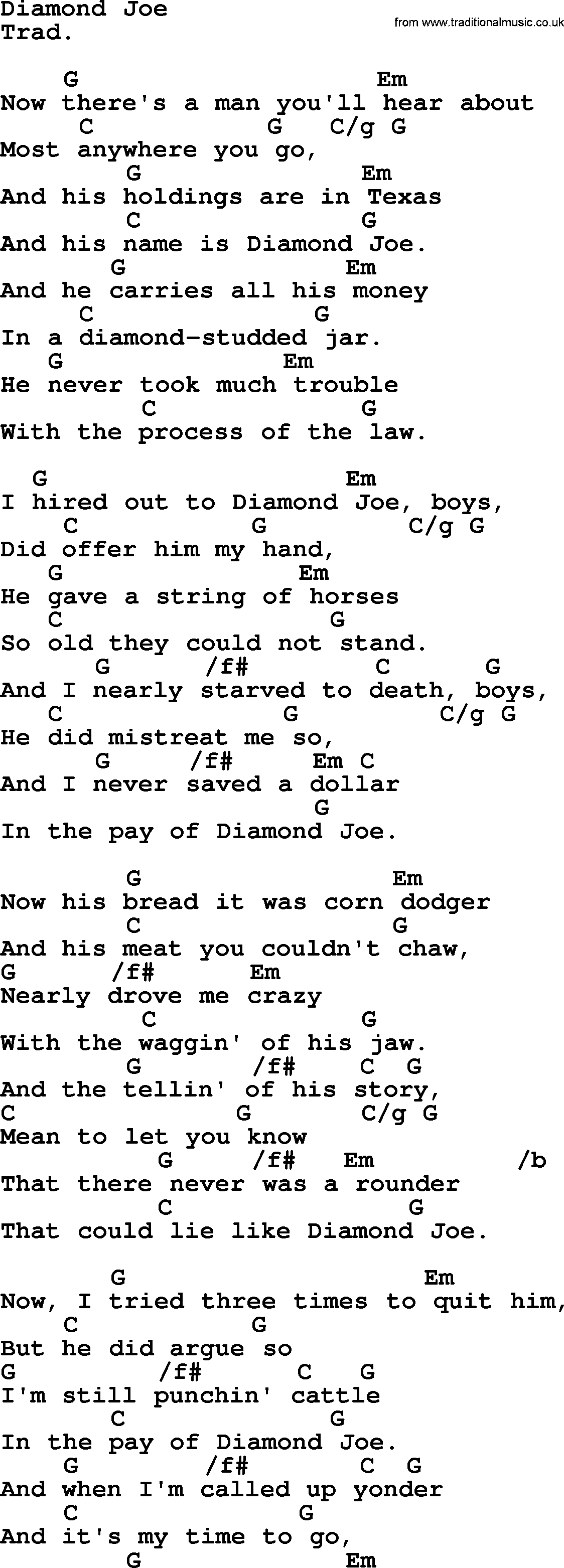 Top 1000 Most Popular Folk and Old-time Songs: Diamond Joe, lyrics and chords