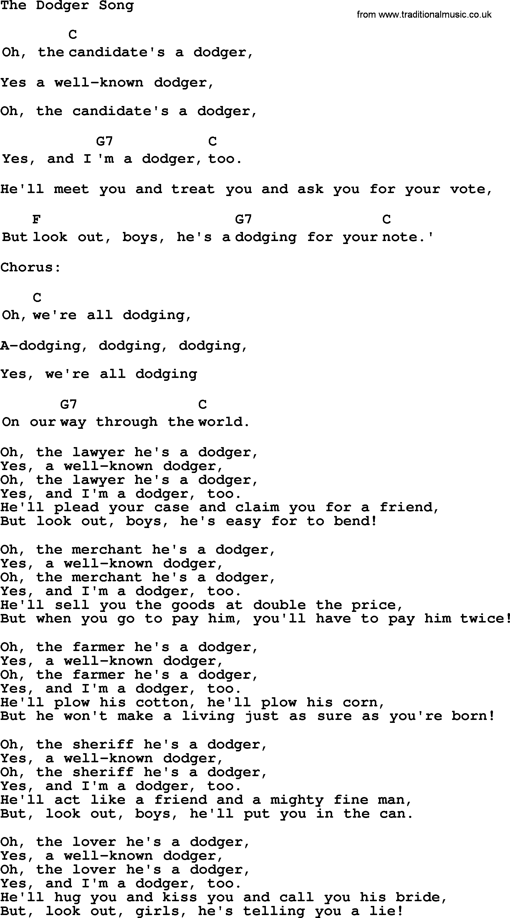 Top 1000 Most Popular Folk and Old-time Songs: Dodger Song, lyrics and chords